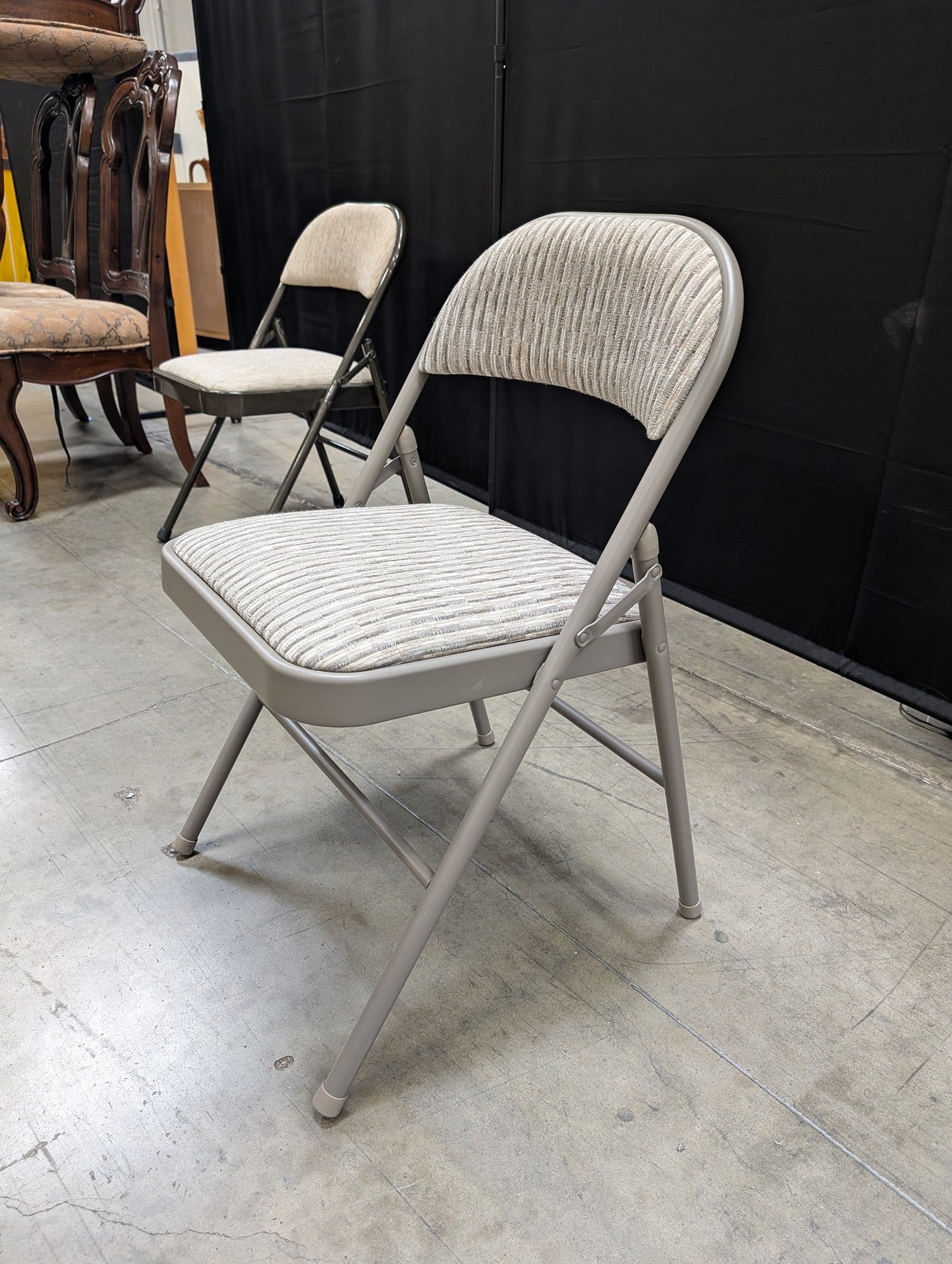 Upholstered Meco Folding Chair with Striped Fabric