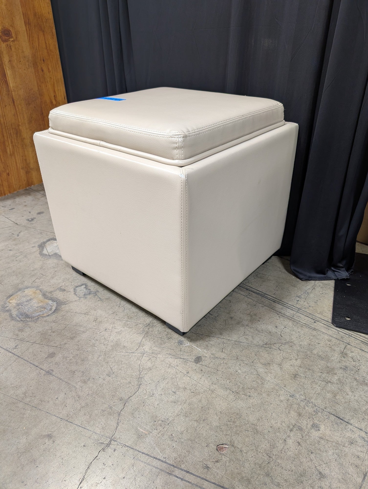 Beige Faux Leather Square Ottoman with Storage Tray