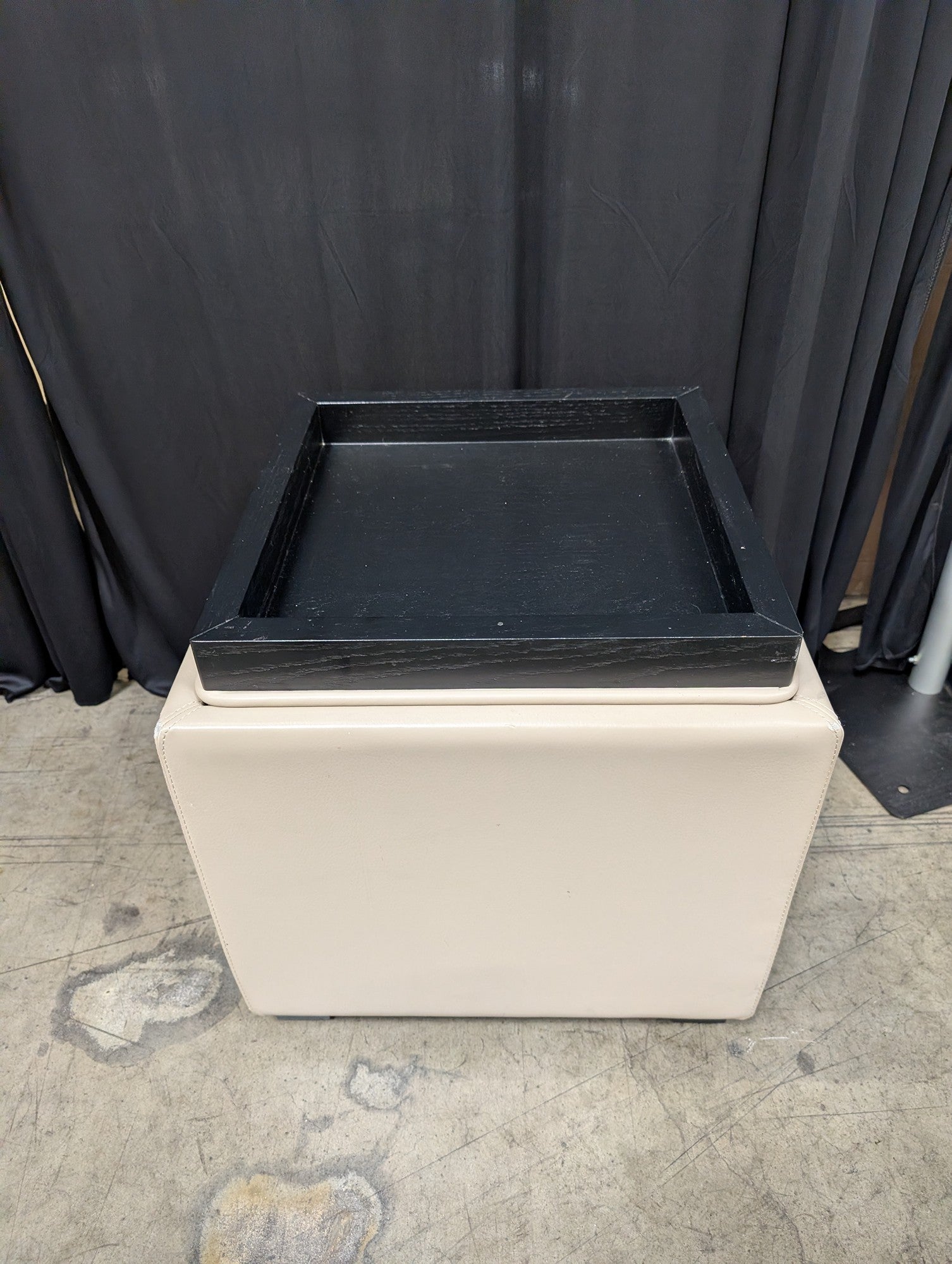 Beige Faux Leather Square Ottoman with Storage Tray