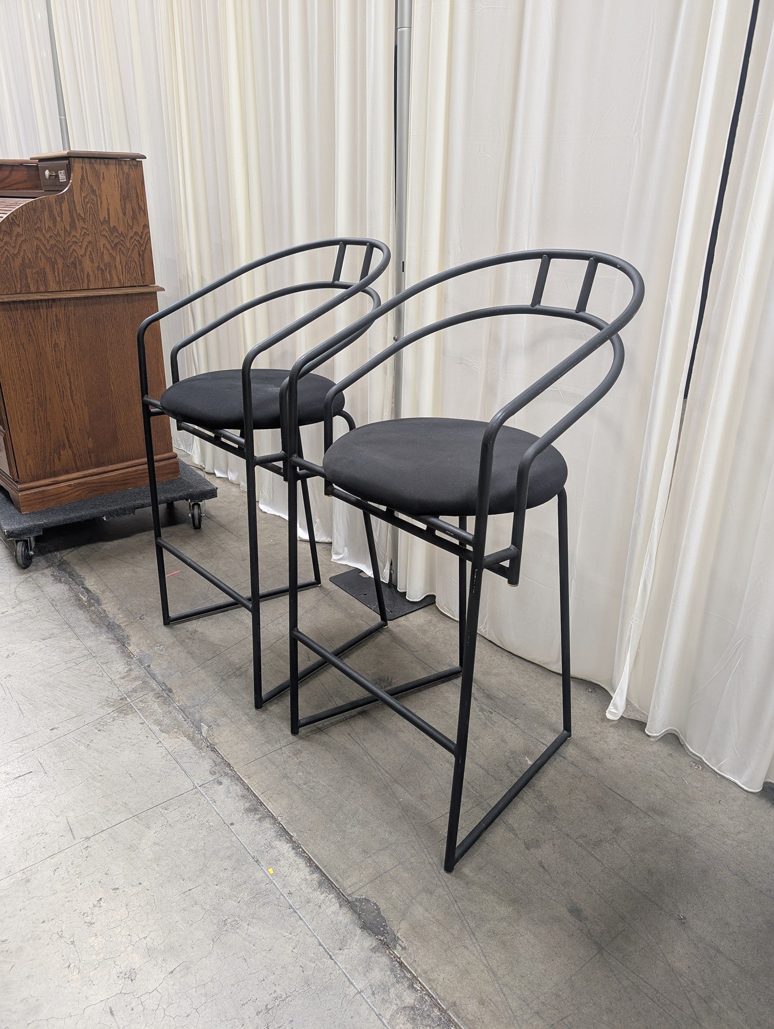 Pair of Modern Black Metal Bar Stools with Round Cushions