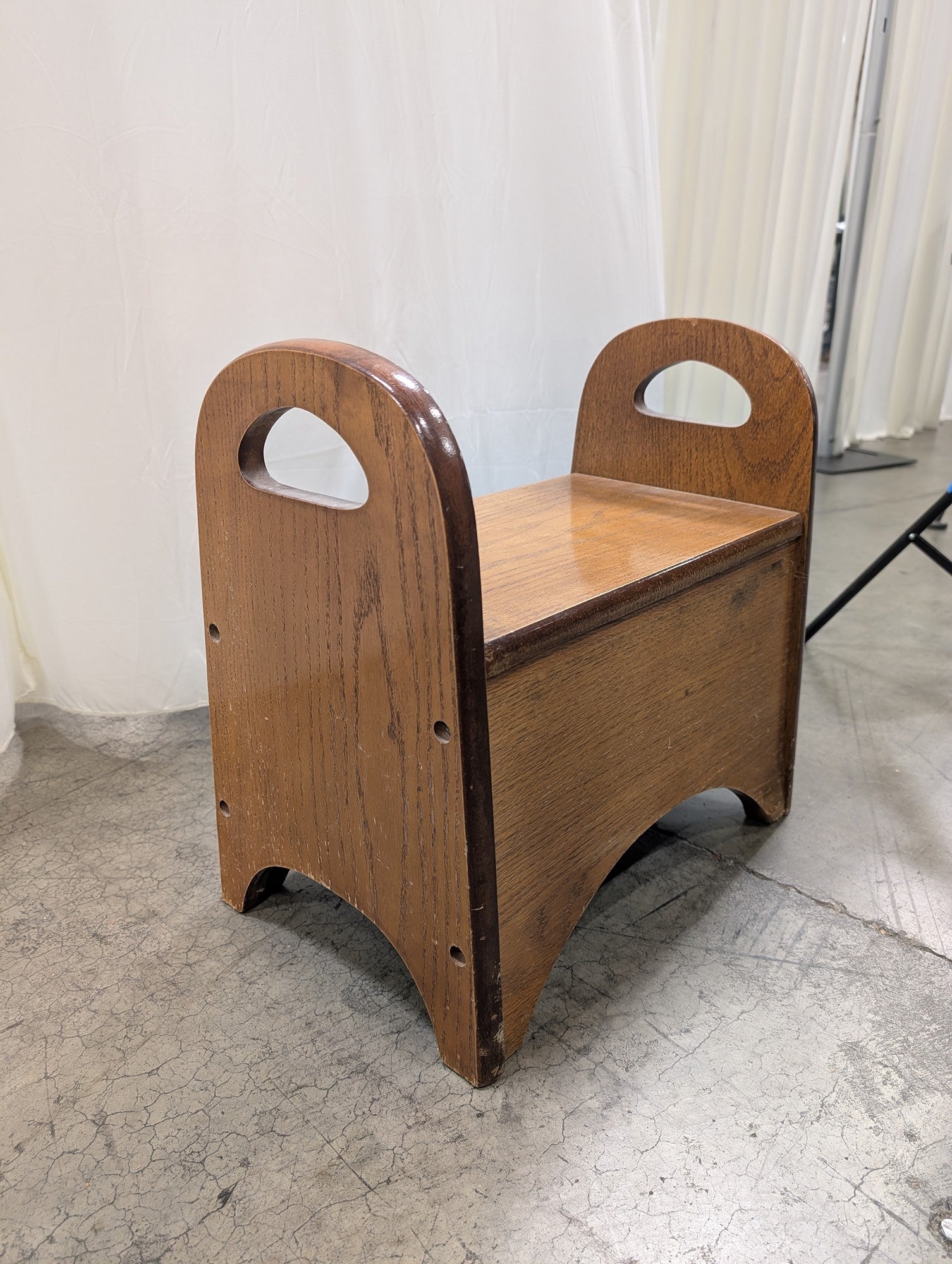 Brown Hardwood Lift-Top Storage Stool with Handles
