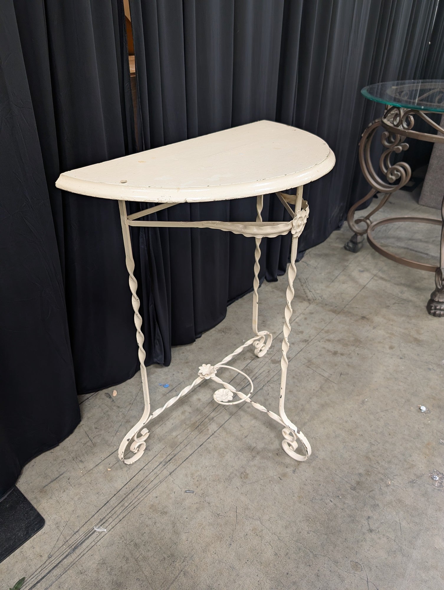French Provincial Cream Demilune Console Table in Wrought Iron