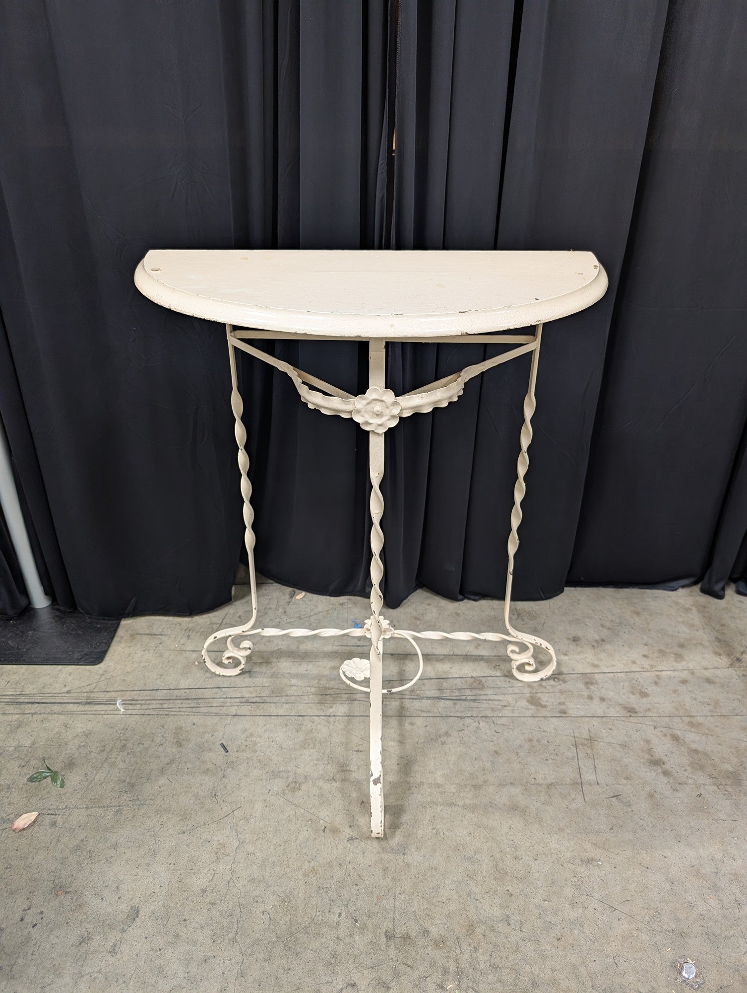 French Provincial Cream Demilune Console Table in Wrought Iron