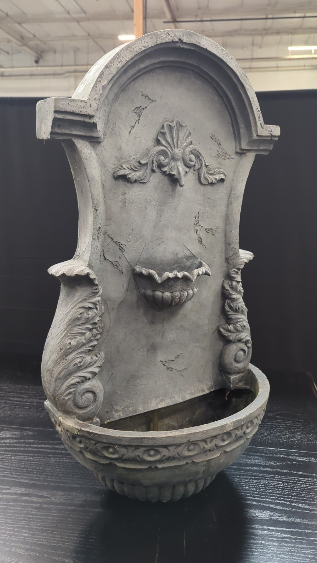 Grey Ornate Wall Water Fountain with Shell Basin