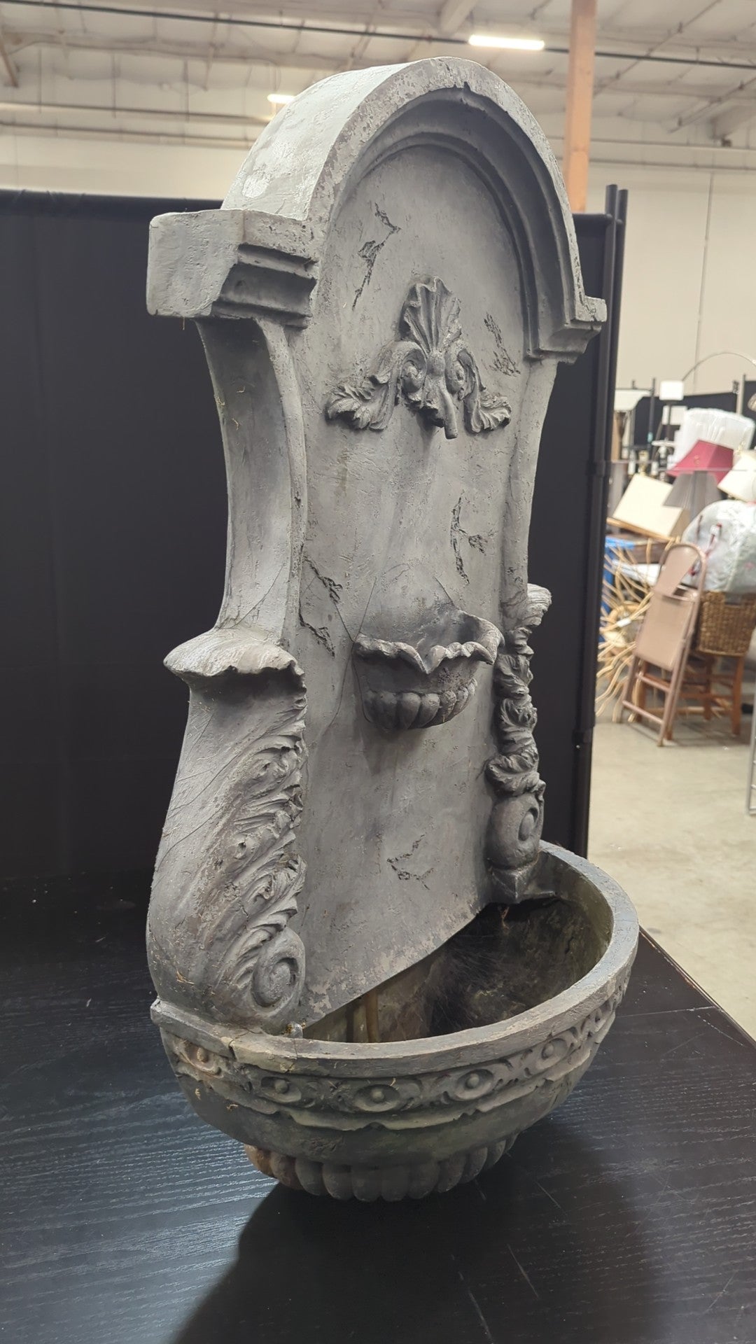 Grey Ornate Wall Water Fountain with Shell Basin