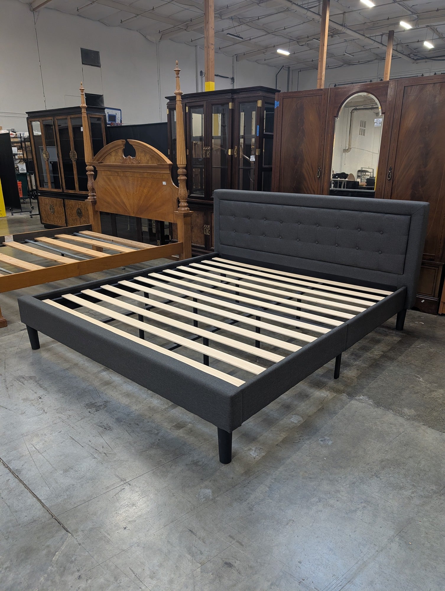 Red Barrel Studio Dark Gray Upholstered Bed with Button Tufting