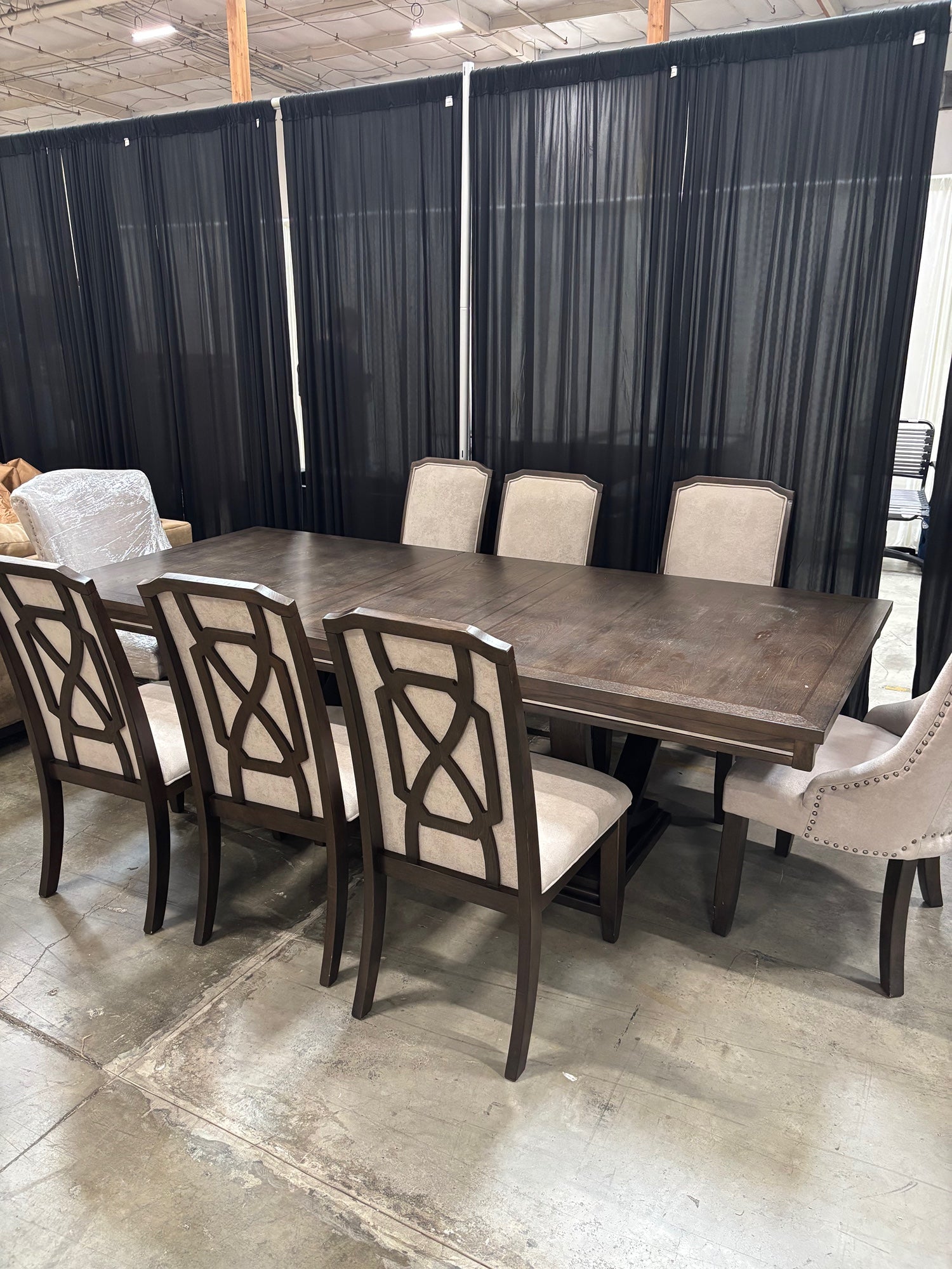 Ashley Zimbroni 10 Piece Dining Set, 96 Inch Extension Trestle Table with 7 Fretwork Side Chairs and 2 Nailhead Host Chairs