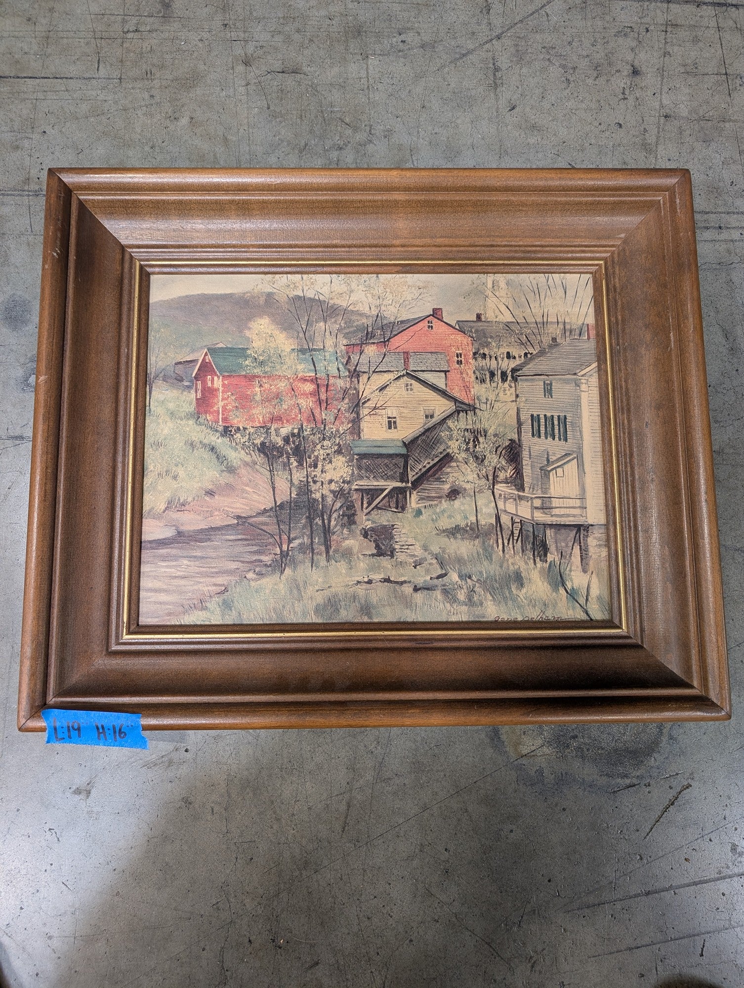 Traditional Village Landscape Painting in Wood Frame