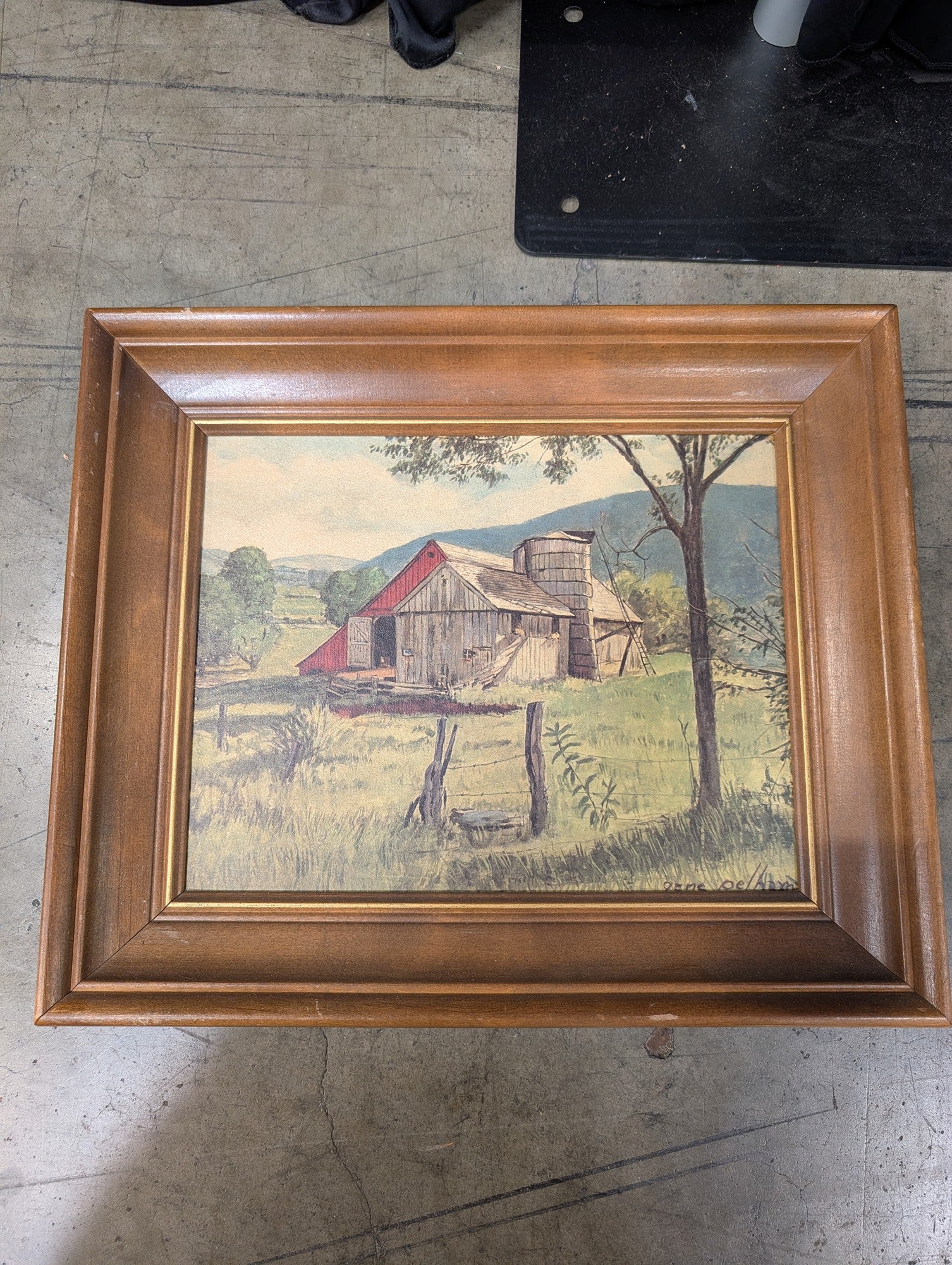 Brown Wood Framed Rural Barn Landscape Painting