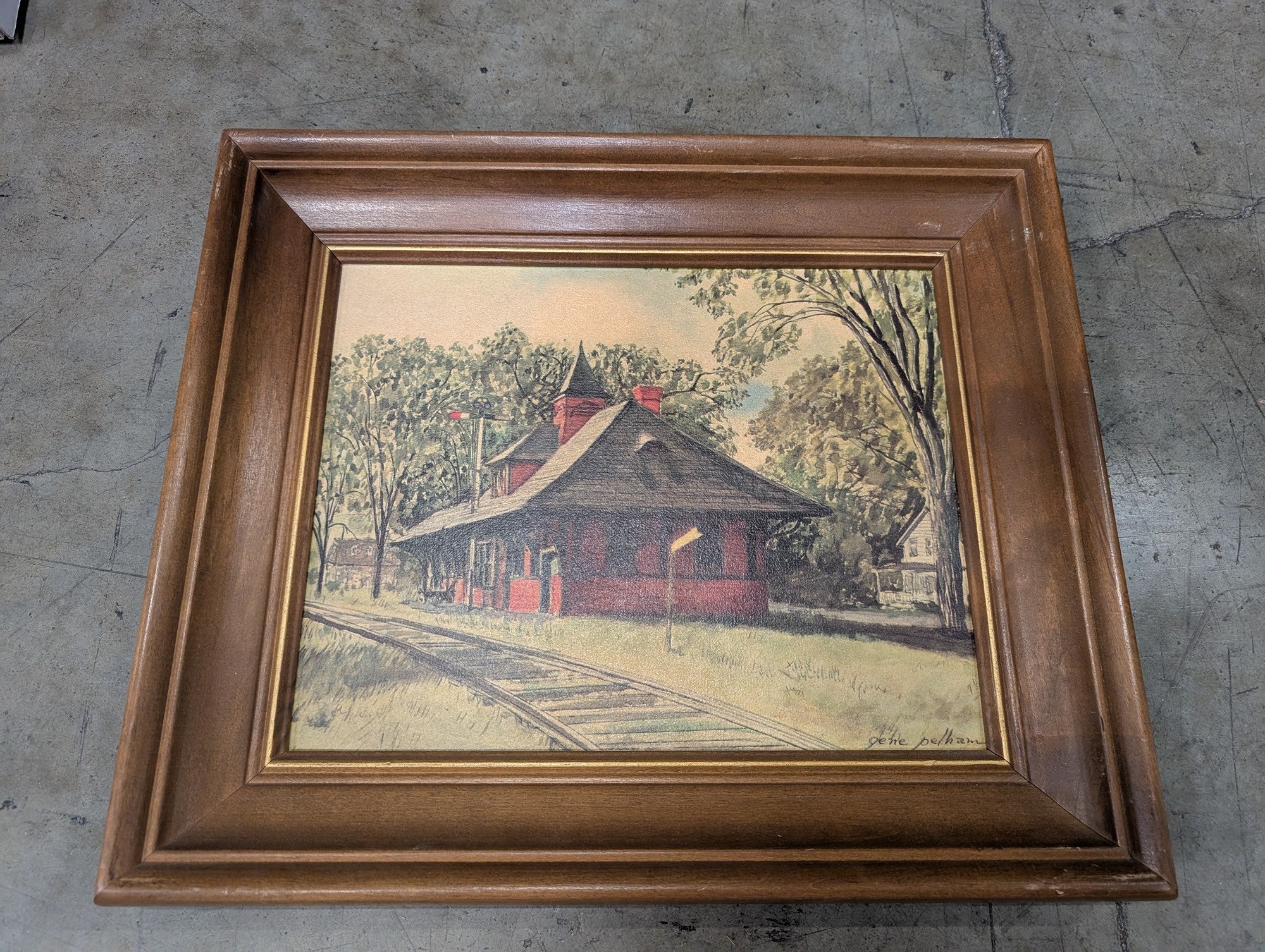 Gene Pelham Train Station Landscape Painting in Wood Frame