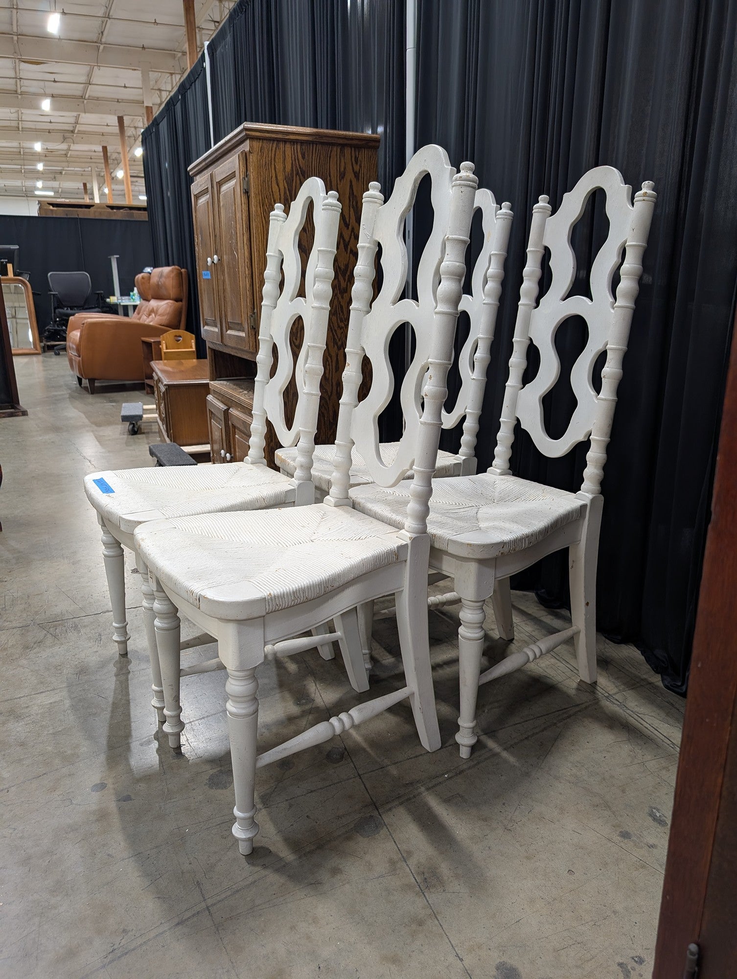 Set of Four White Wood Dining Chairs with Rush Seats