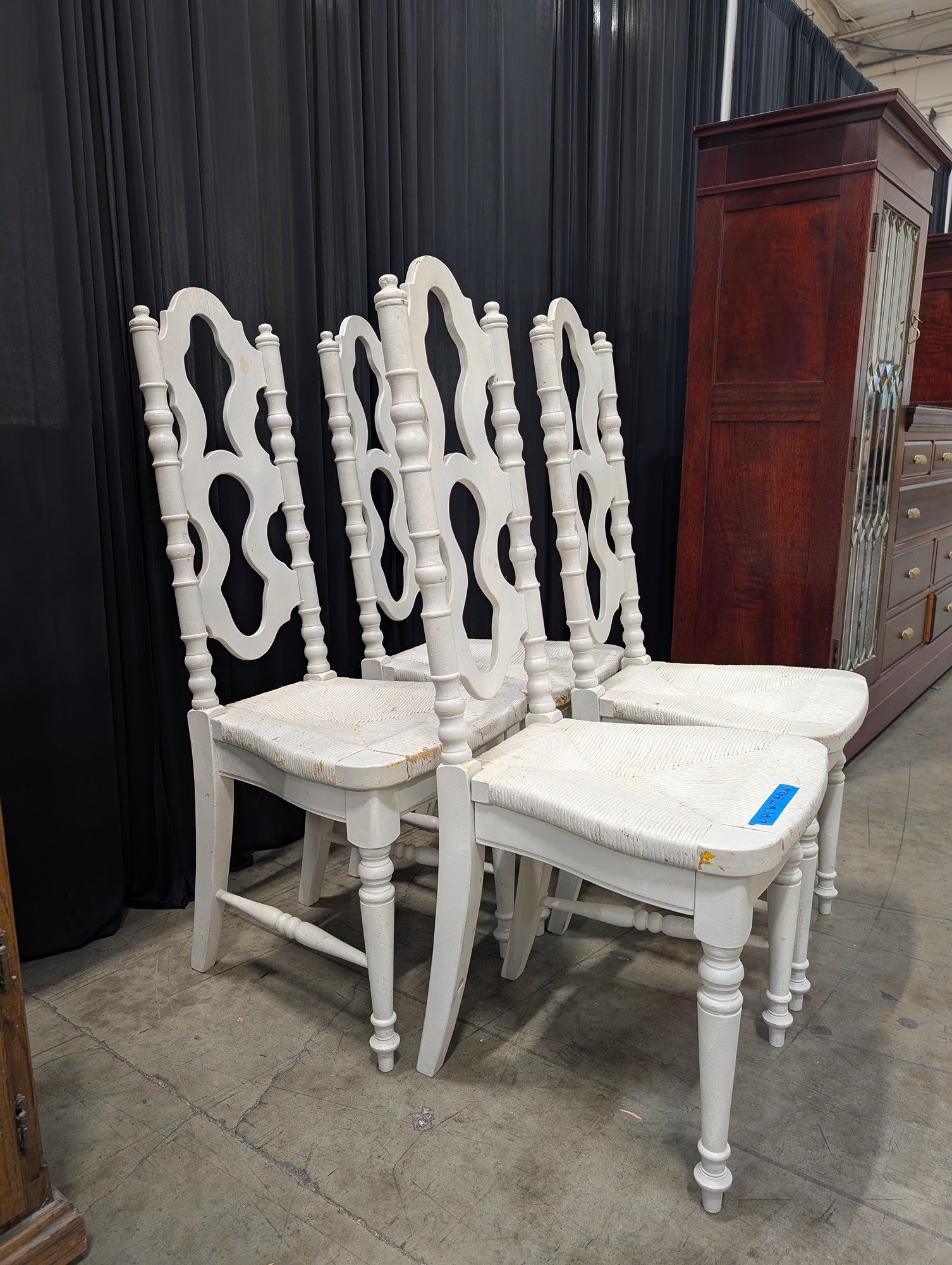 Set of Four White Wood Dining Chairs with Rush Seats