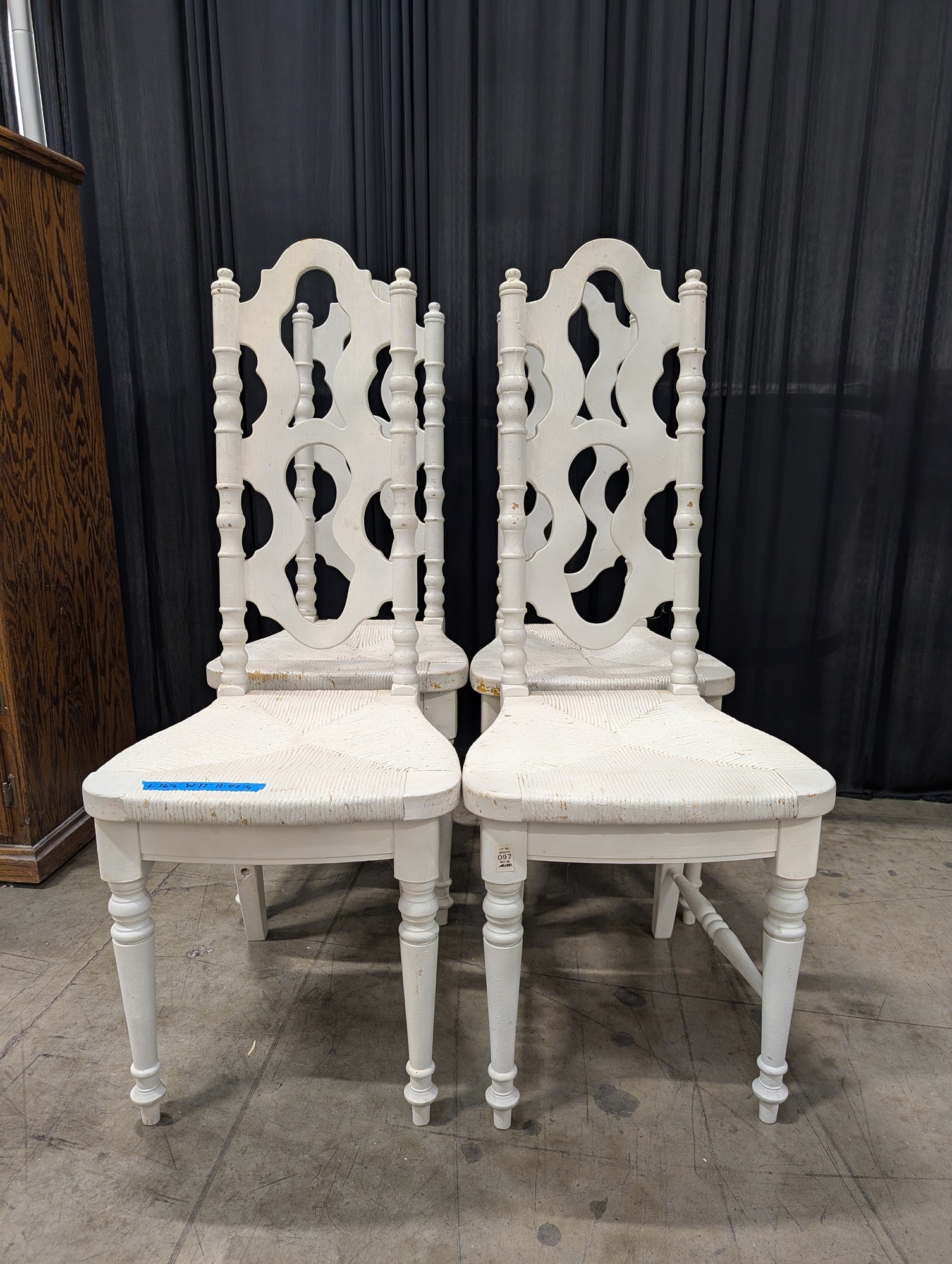 Set of Four White Wood Dining Chairs with Rush Seats