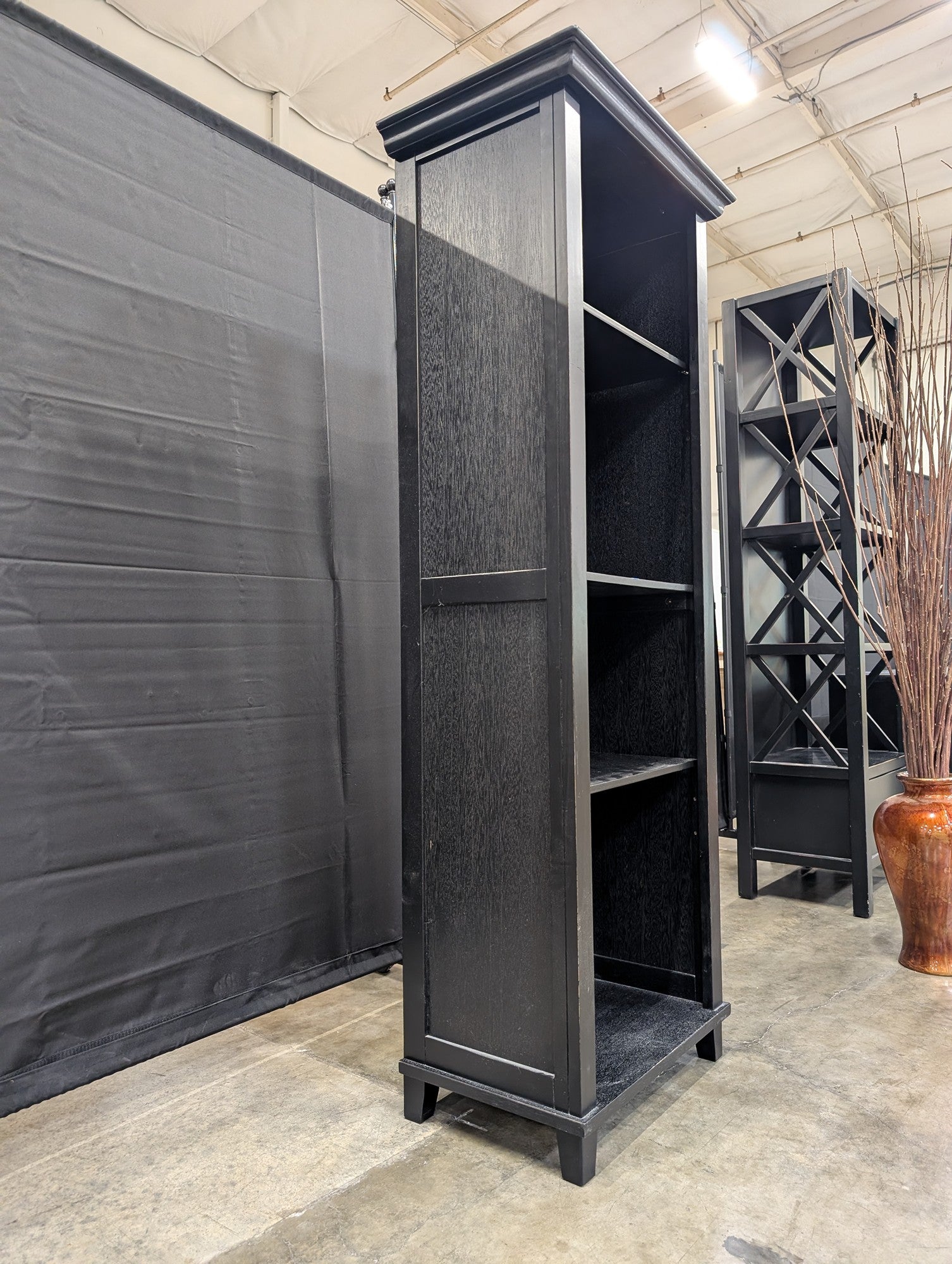 Tall Black Wood Bookcase with Crown Molding