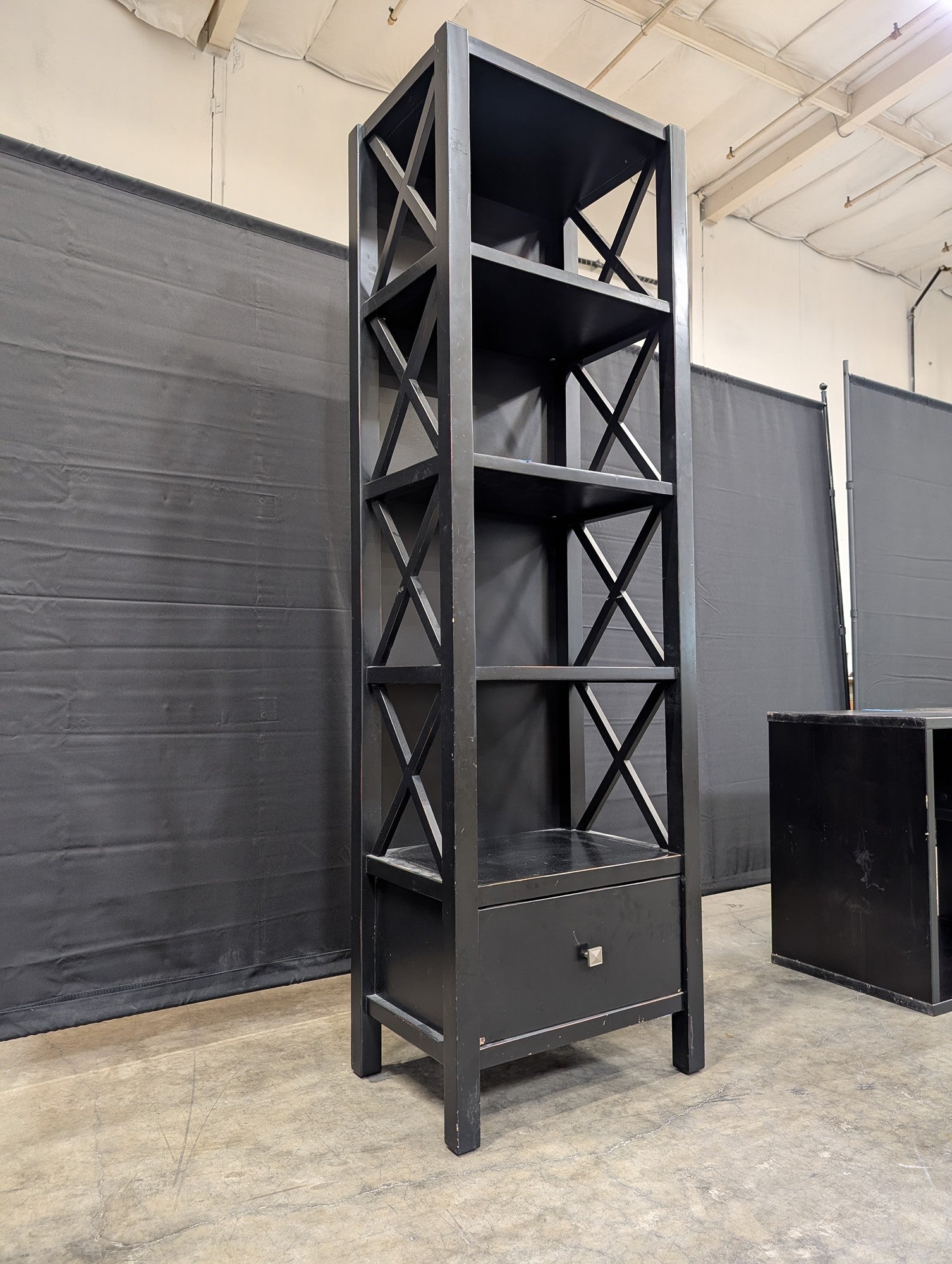 Black X-Design Five-Shelf Bookcase with Drawer