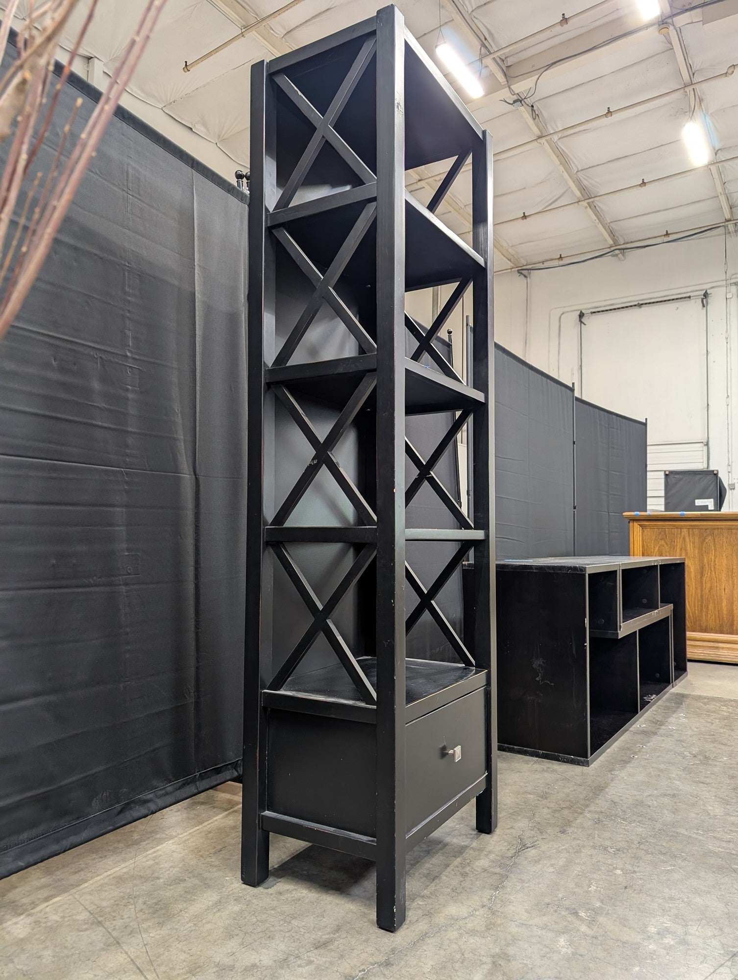 Black X-Design Five-Shelf Bookcase with Drawer