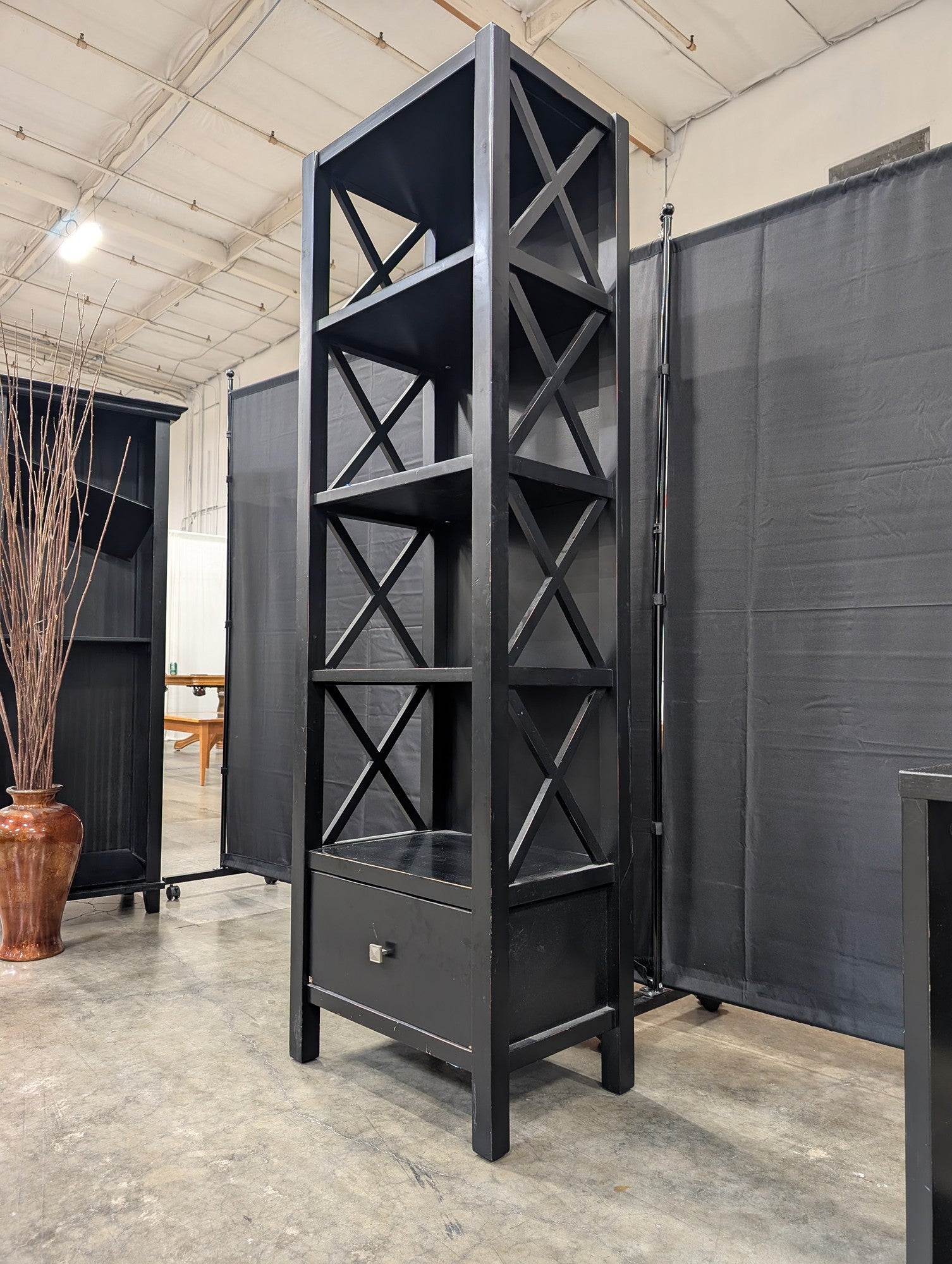 Black X-Design Five-Shelf Bookcase with Drawer