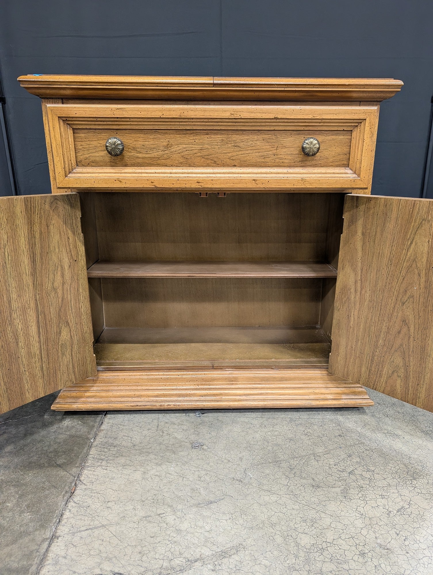 Light Brown Wood Service Bar with Hammered Metal Top