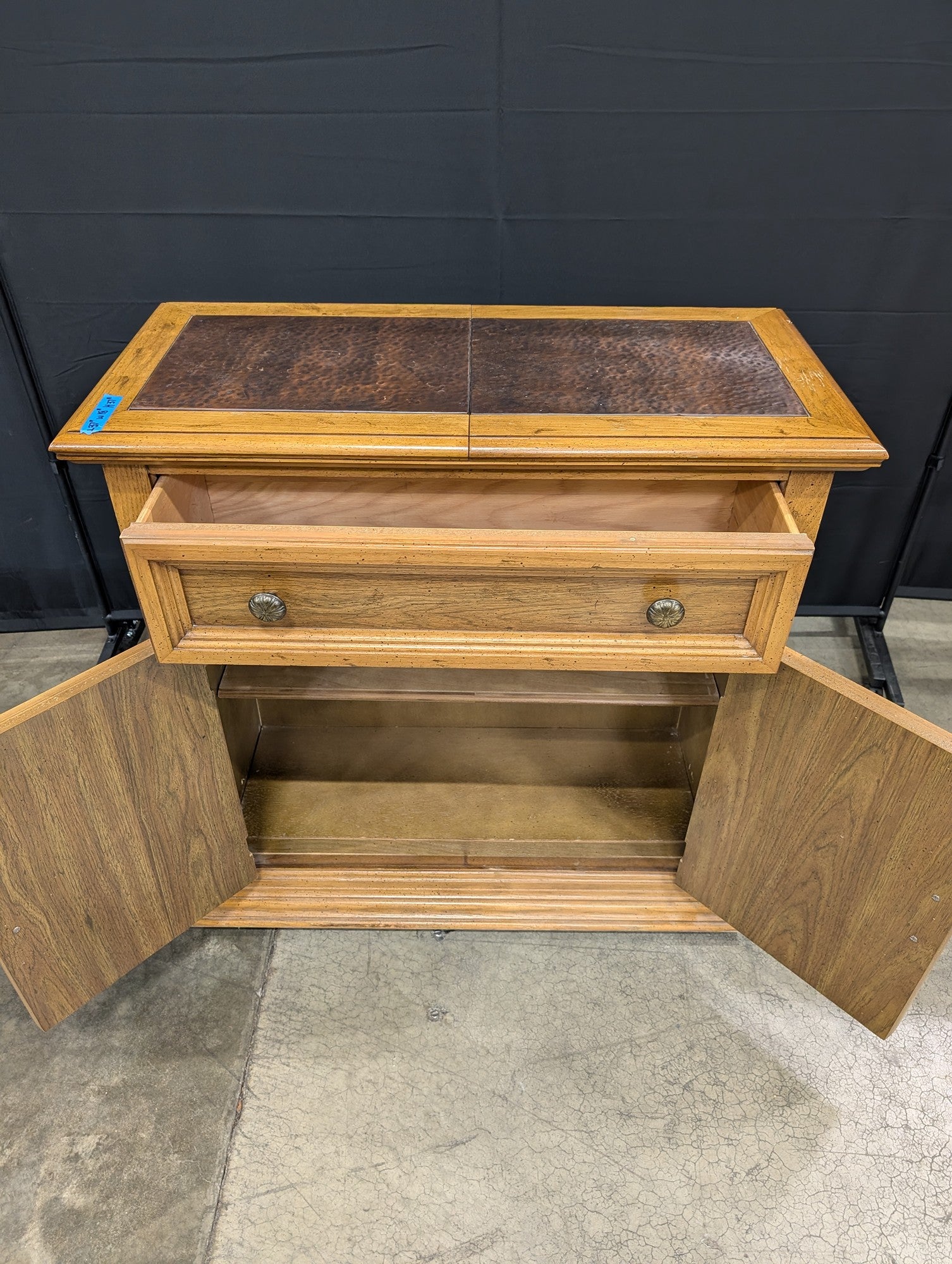Light Brown Wood Service Bar with Hammered Metal Top