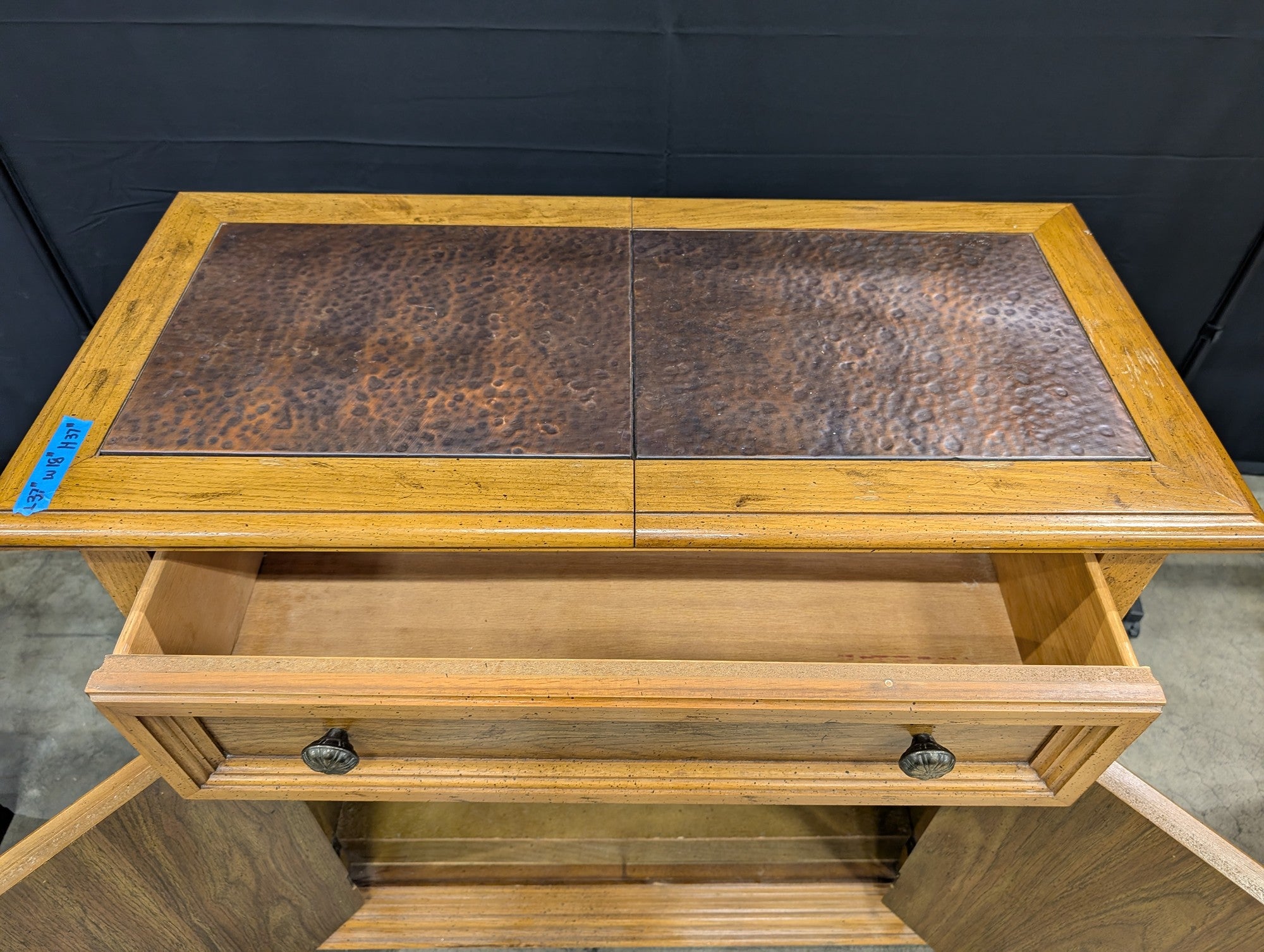 Light Brown Wood Service Bar with Hammered Metal Top