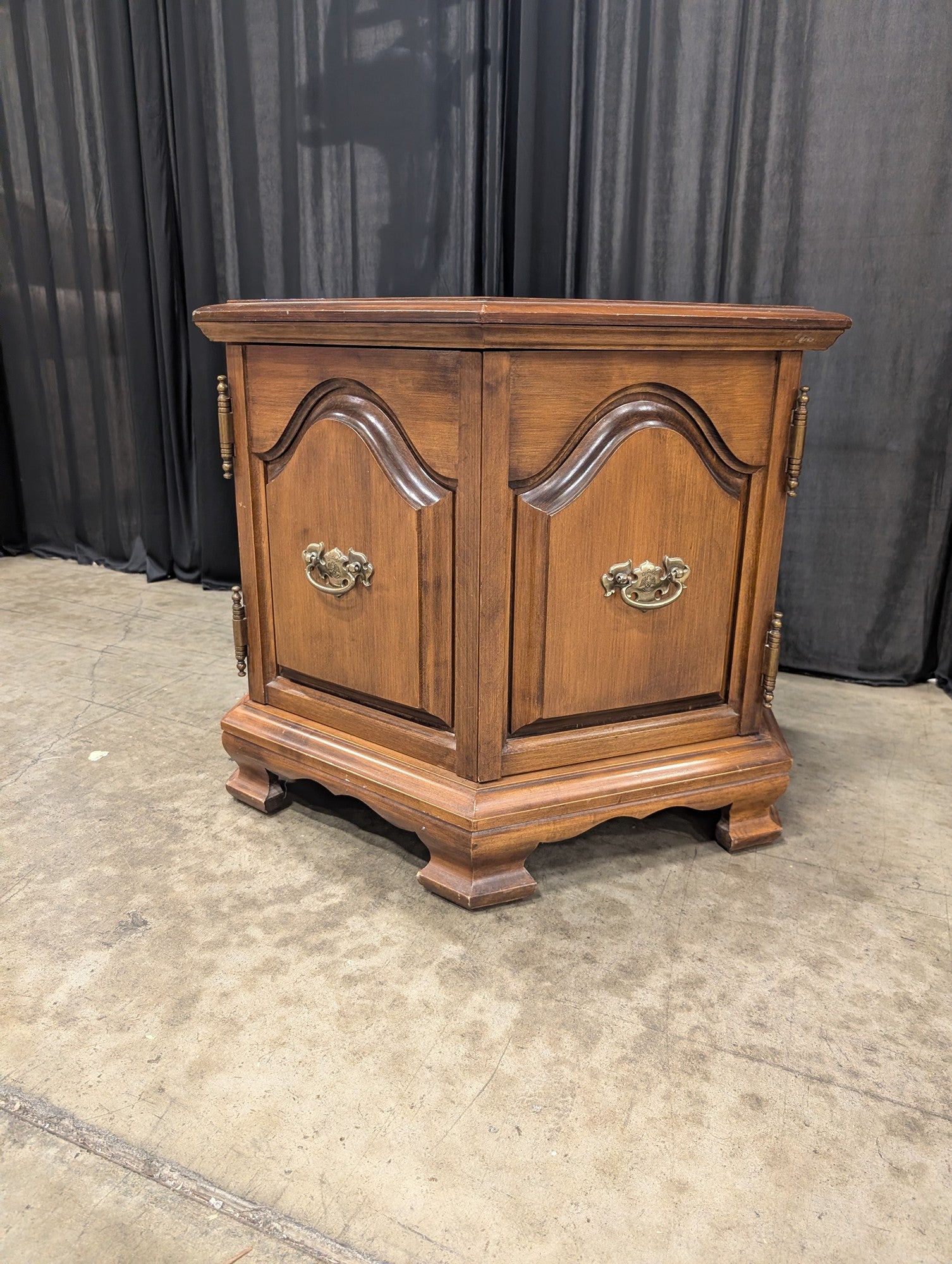 Traditional Dark Wood Hexagonal Nightstand with Paneled Doors