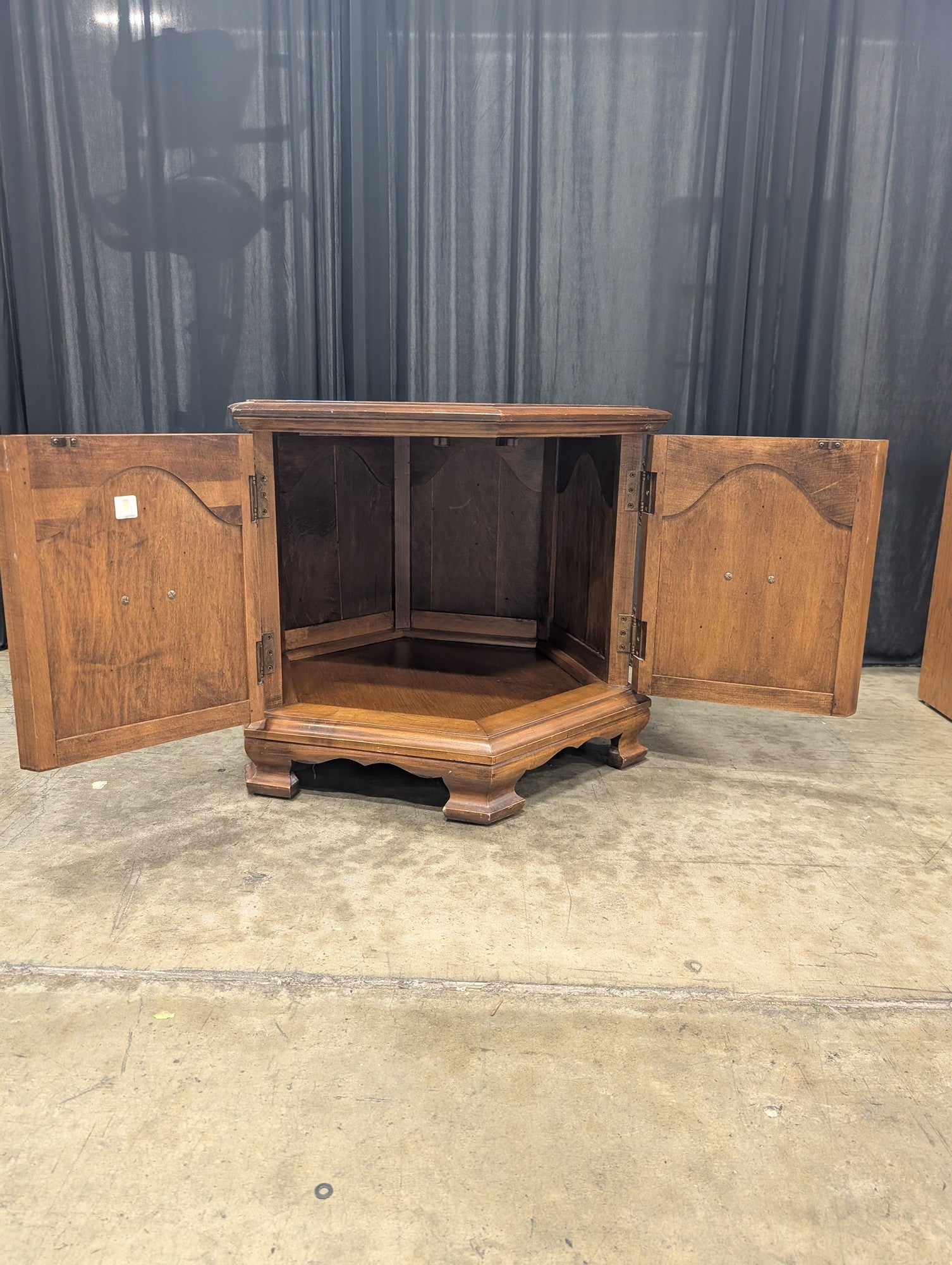 Traditional Dark Wood Hexagonal Nightstand with Paneled Doors