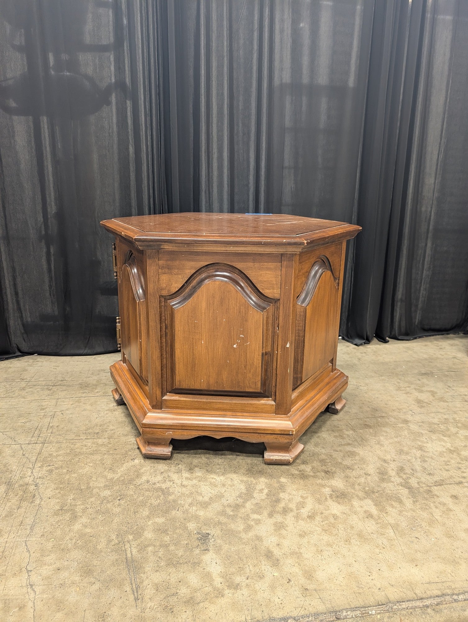 Traditional Dark Wood Hexagonal Nightstand with Paneled Doors