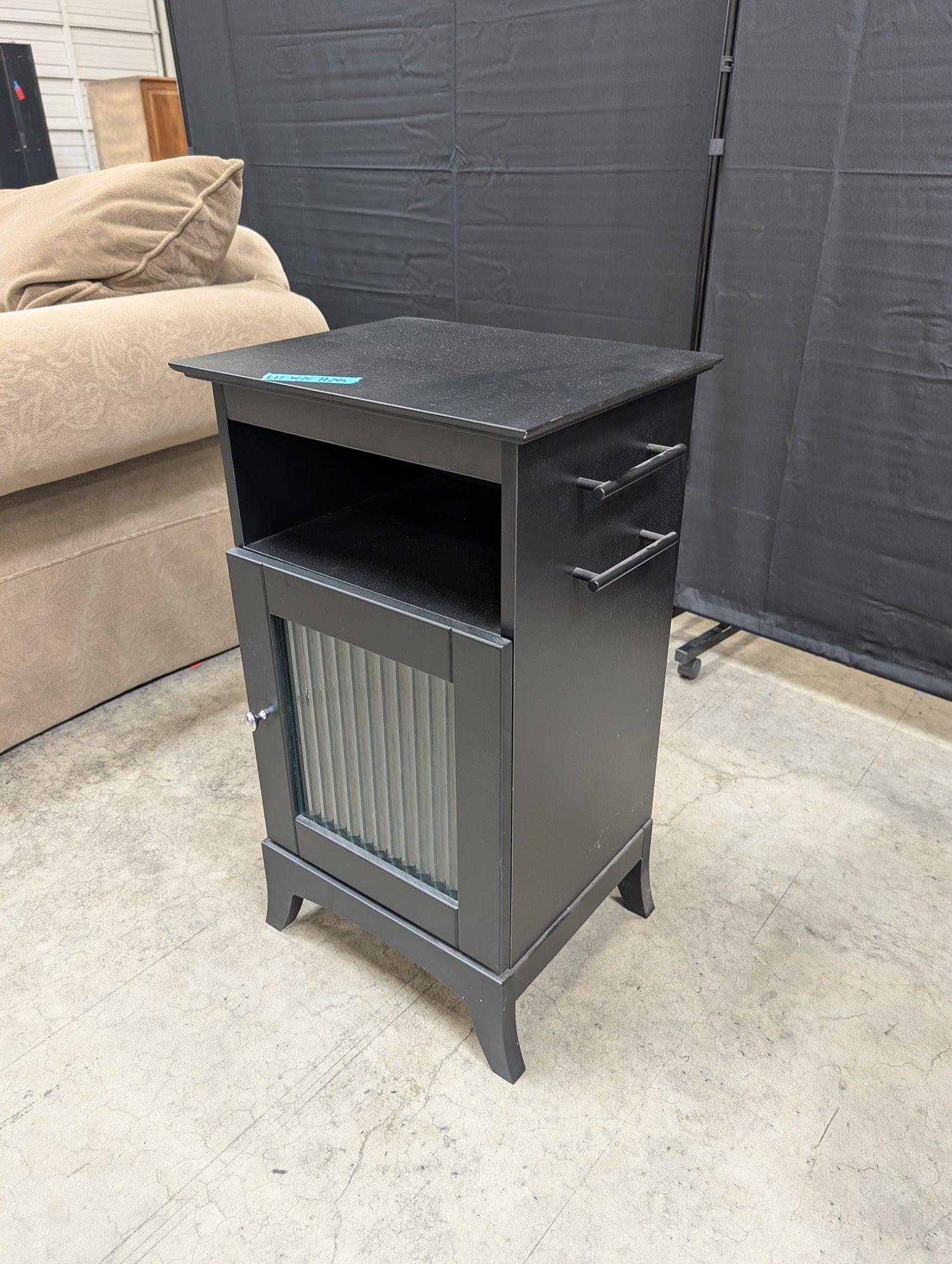 Black Wood Nightstand with Ribbed Panel Door