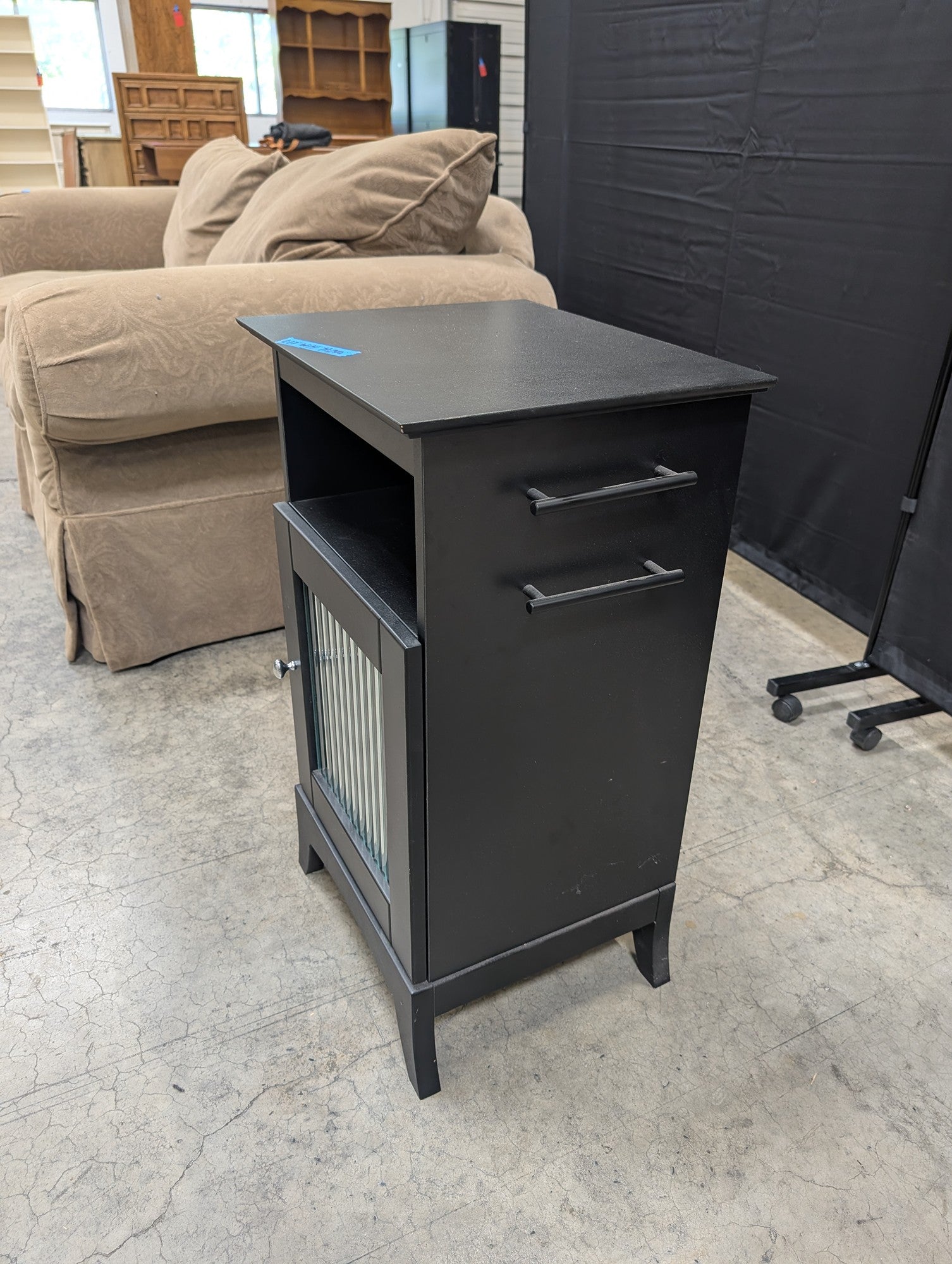 Black Wood Nightstand with Ribbed Panel Door