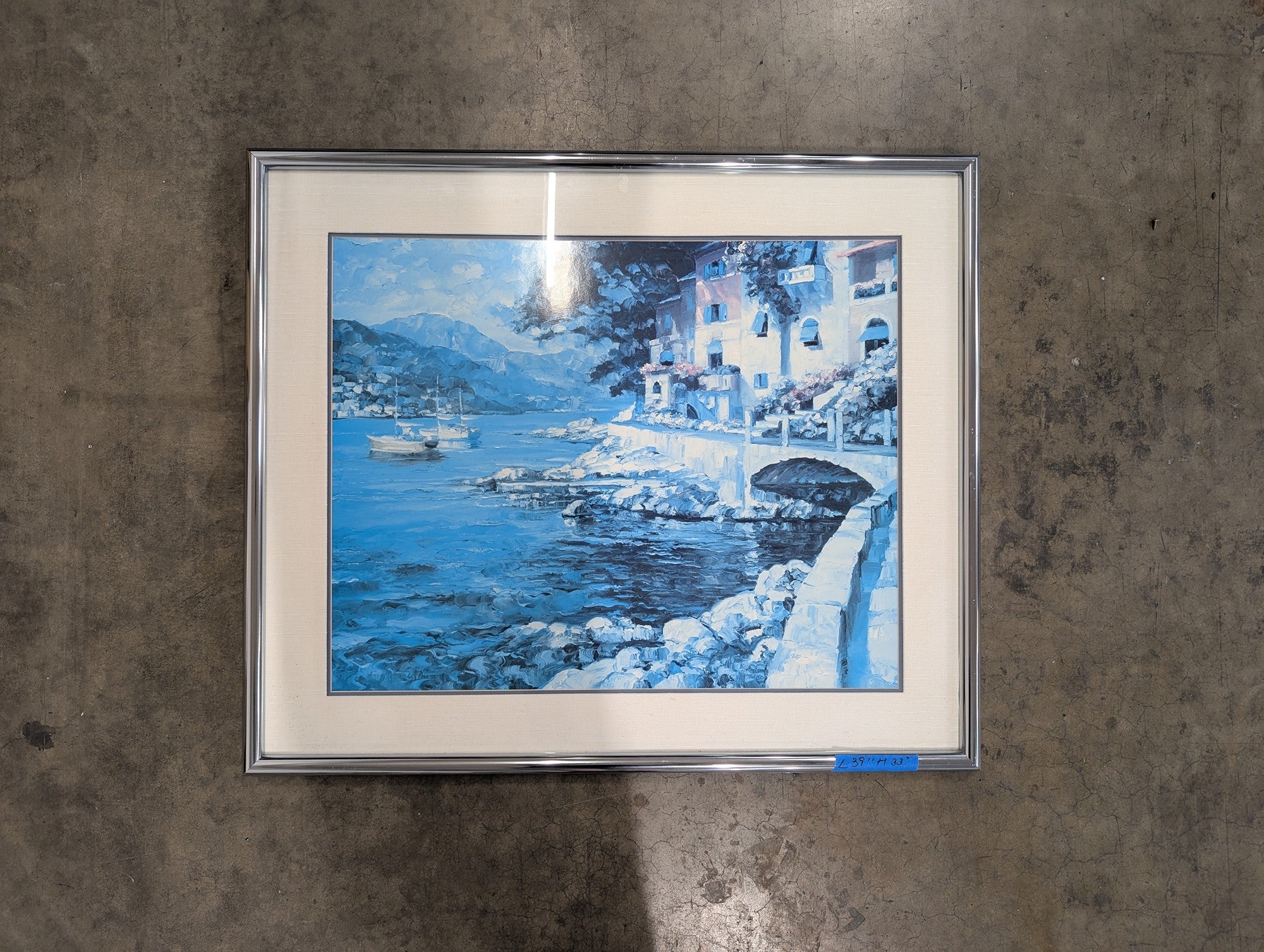Blue Toned Mediterranean Coastal Framed Art with Silver Frame