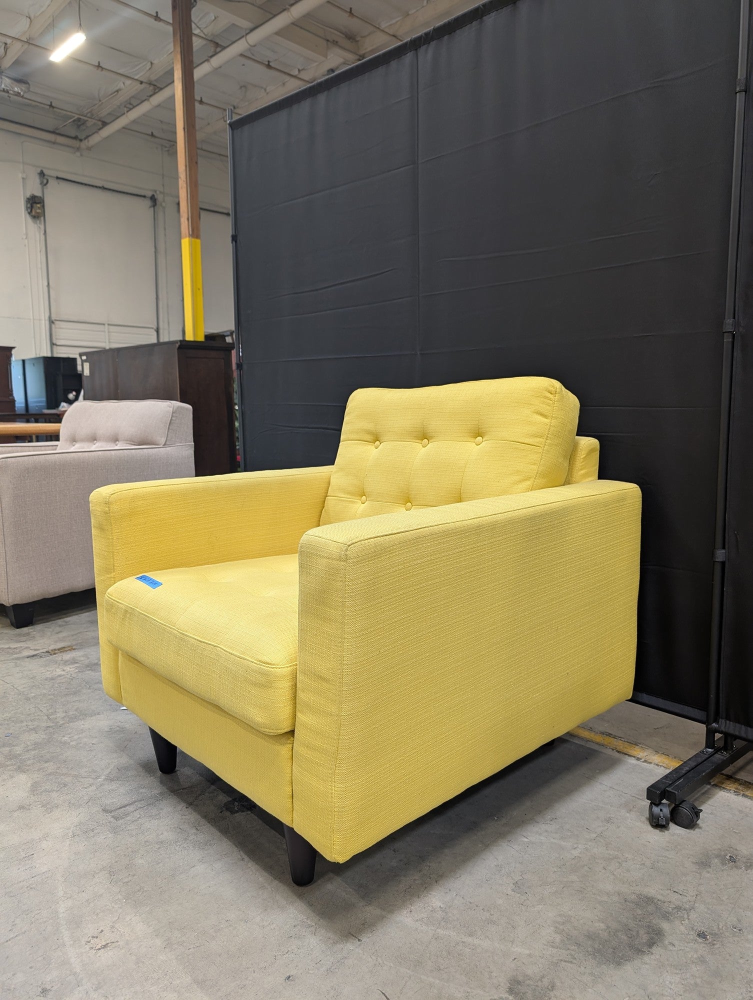 Mid-Century Yellow Fabric Tufted Armchair