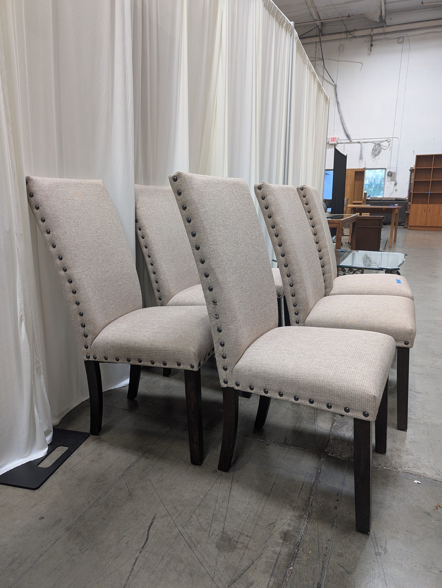 Set of Six Light Beige Upholstered Dining Chair with Nailhead Trim