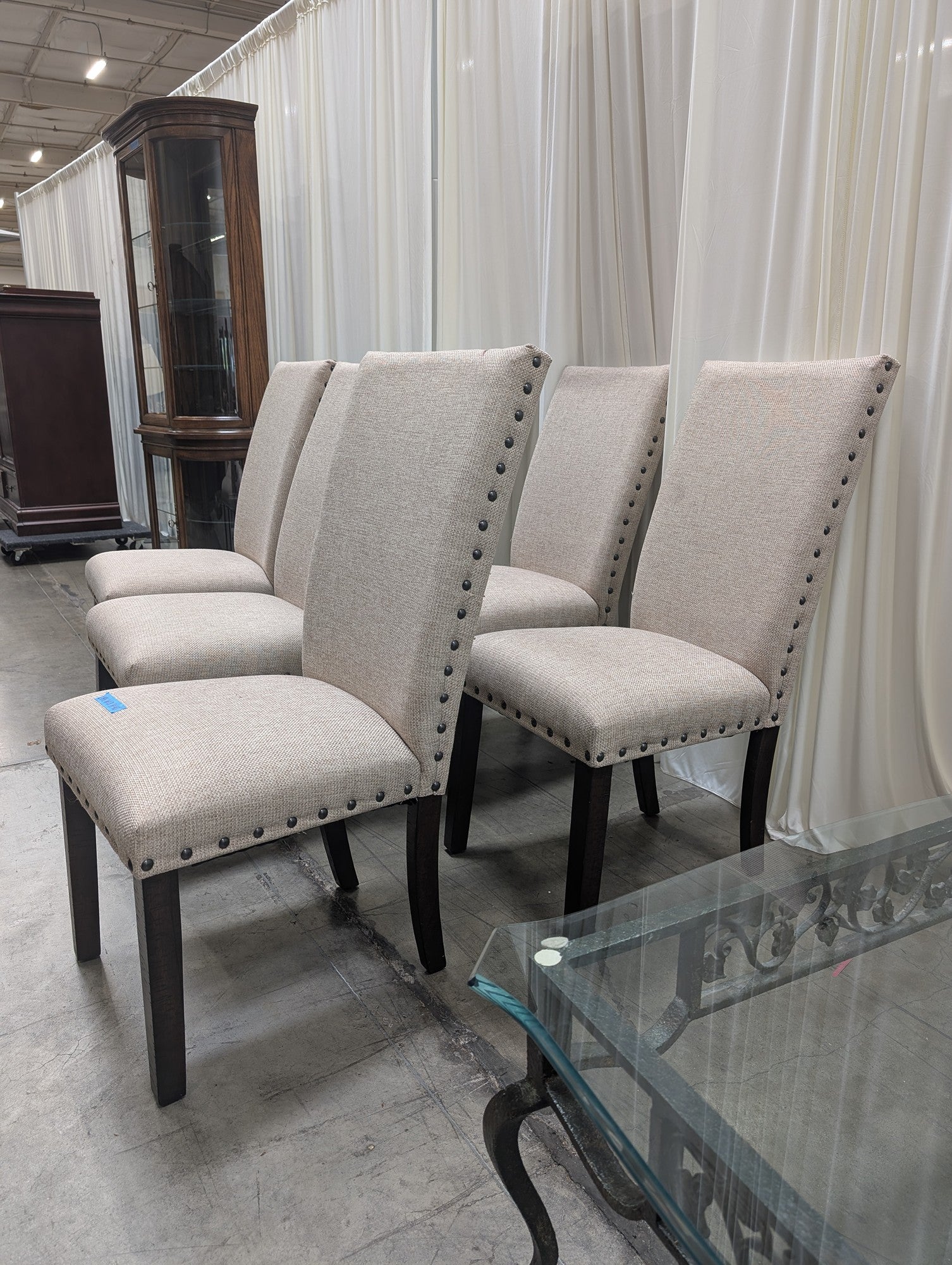 Set of Six Light Beige Upholstered Dining Chair with Nailhead Trim