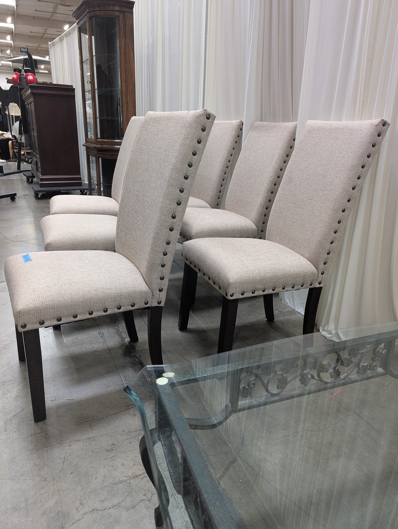 Set of Six Light Beige Upholstered Dining Chair with Nailhead Trim