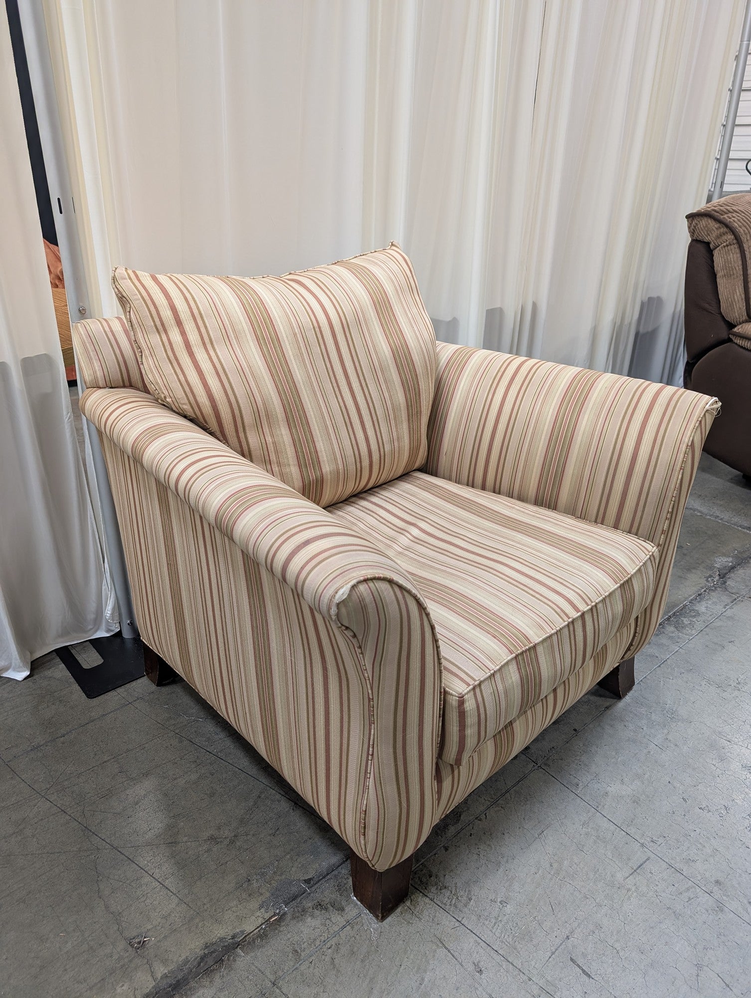 Beige Striped Fabric Armchair with Rolled Arms