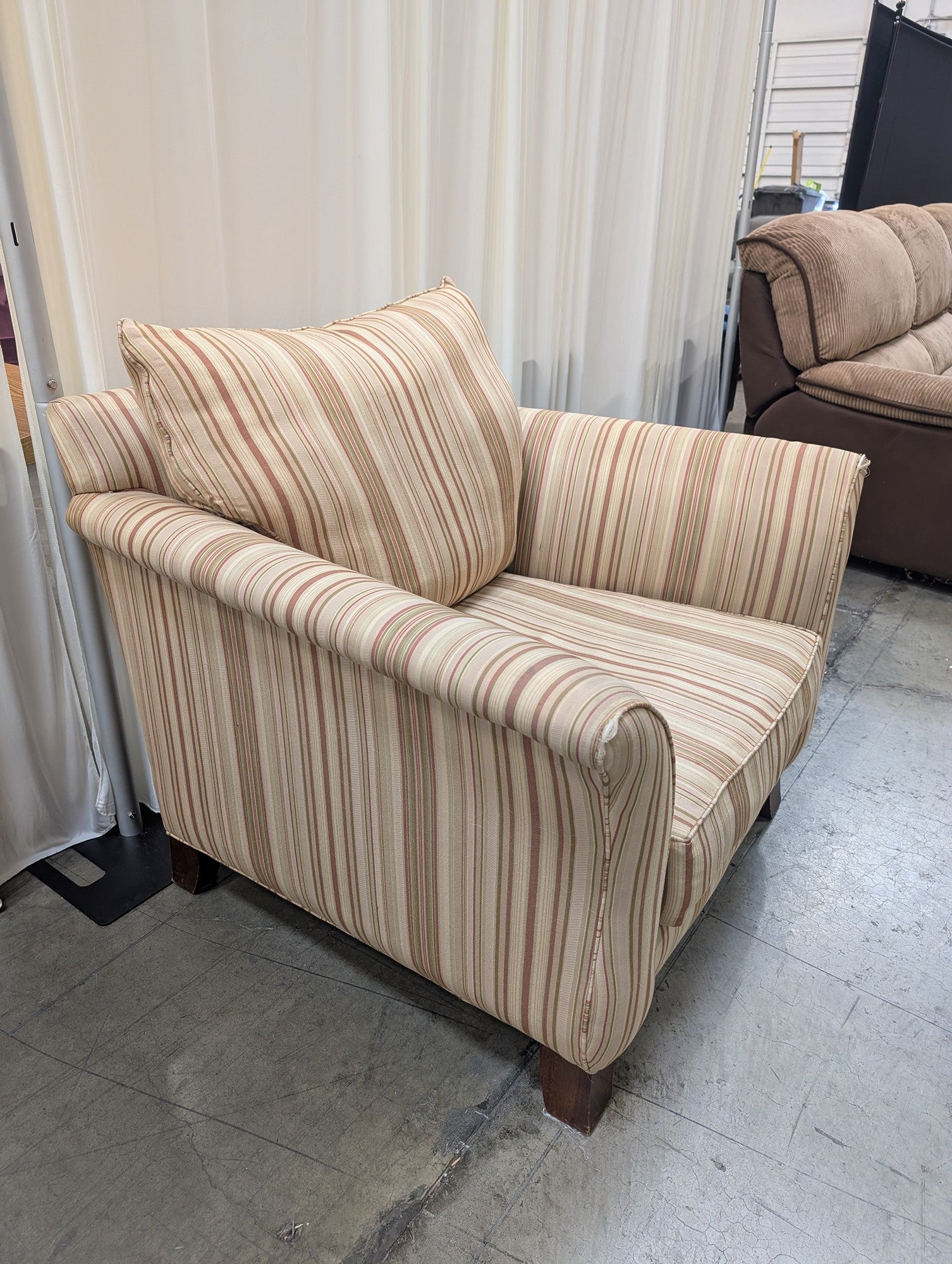 Beige Striped Fabric Armchair with Rolled Arms