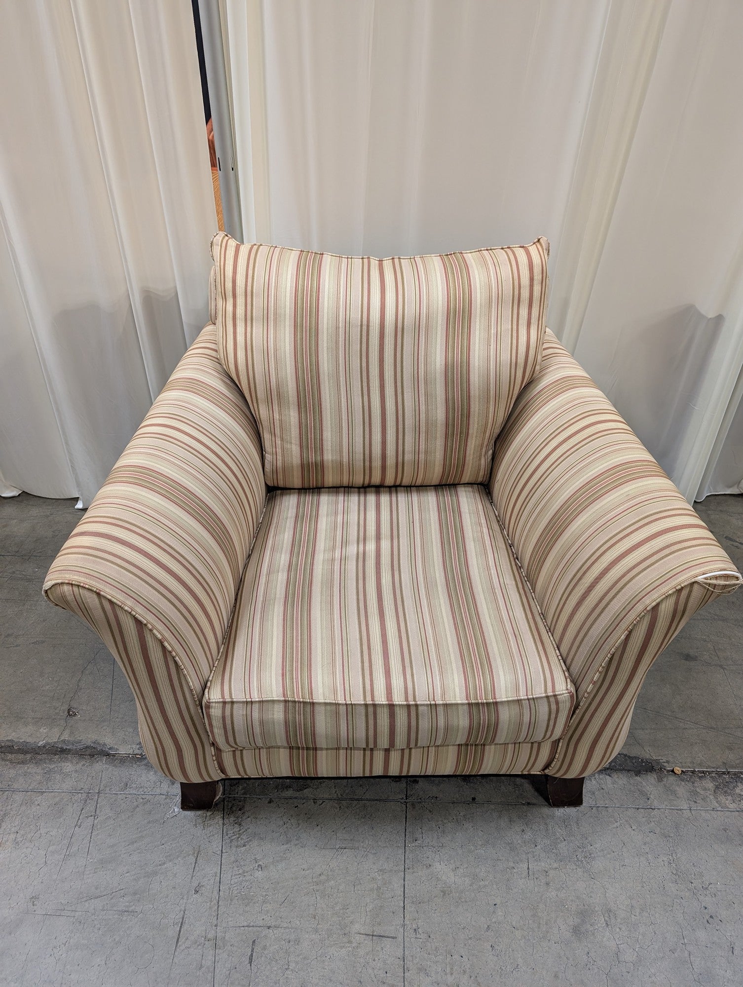 Beige Striped Fabric Armchair with Rolled Arms