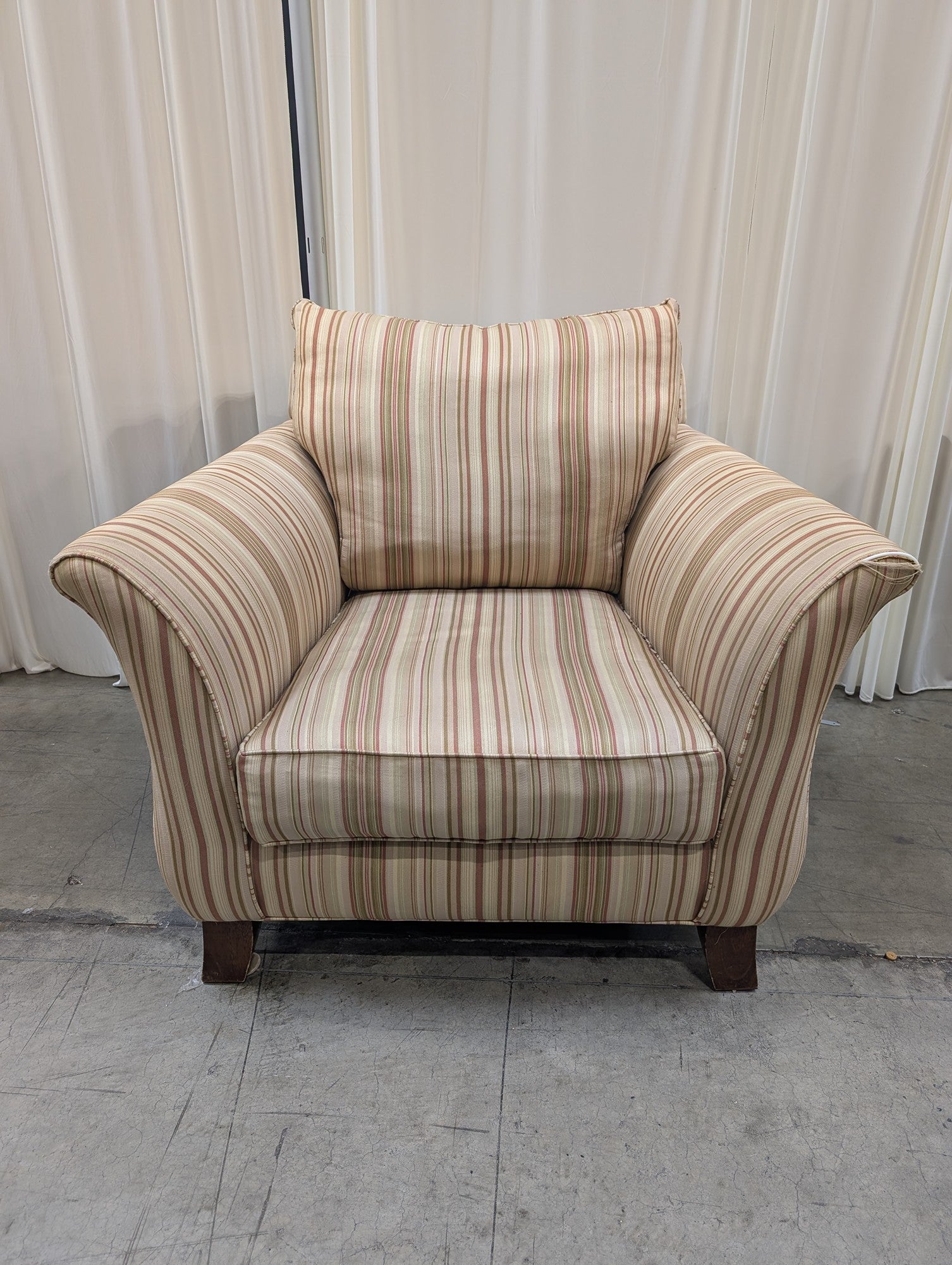 Beige Striped Fabric Armchair with Rolled Arms
