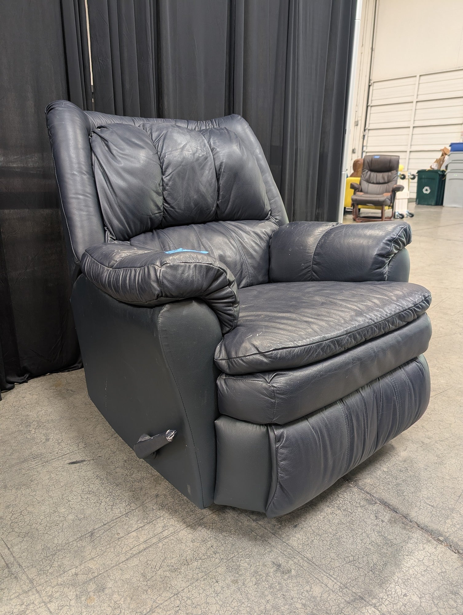 Navy Blue Leather Recliner with Manual Lever