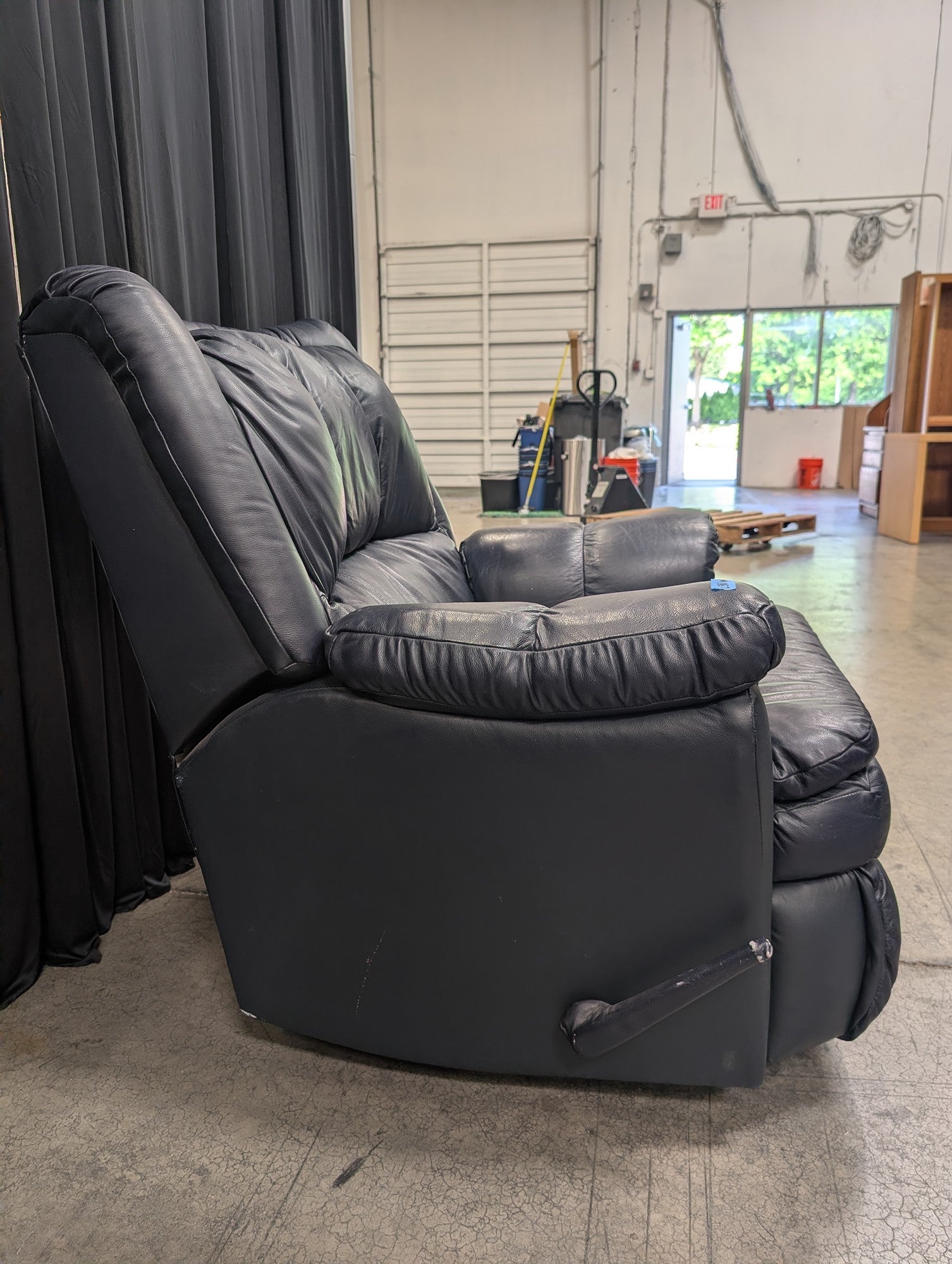 Navy Blue Leather Recliner with Manual Lever