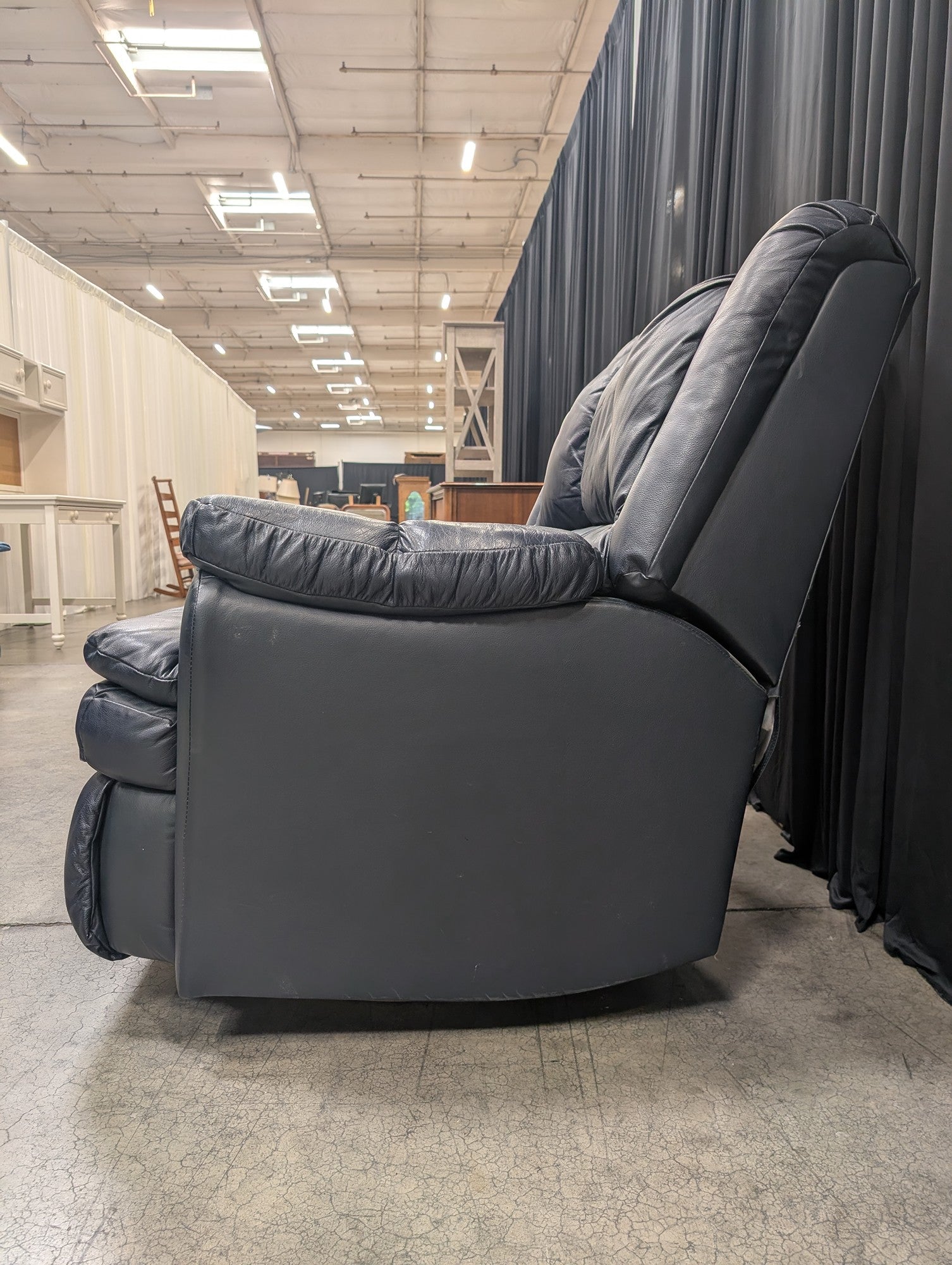 Navy Blue Leather Recliner with Manual Lever