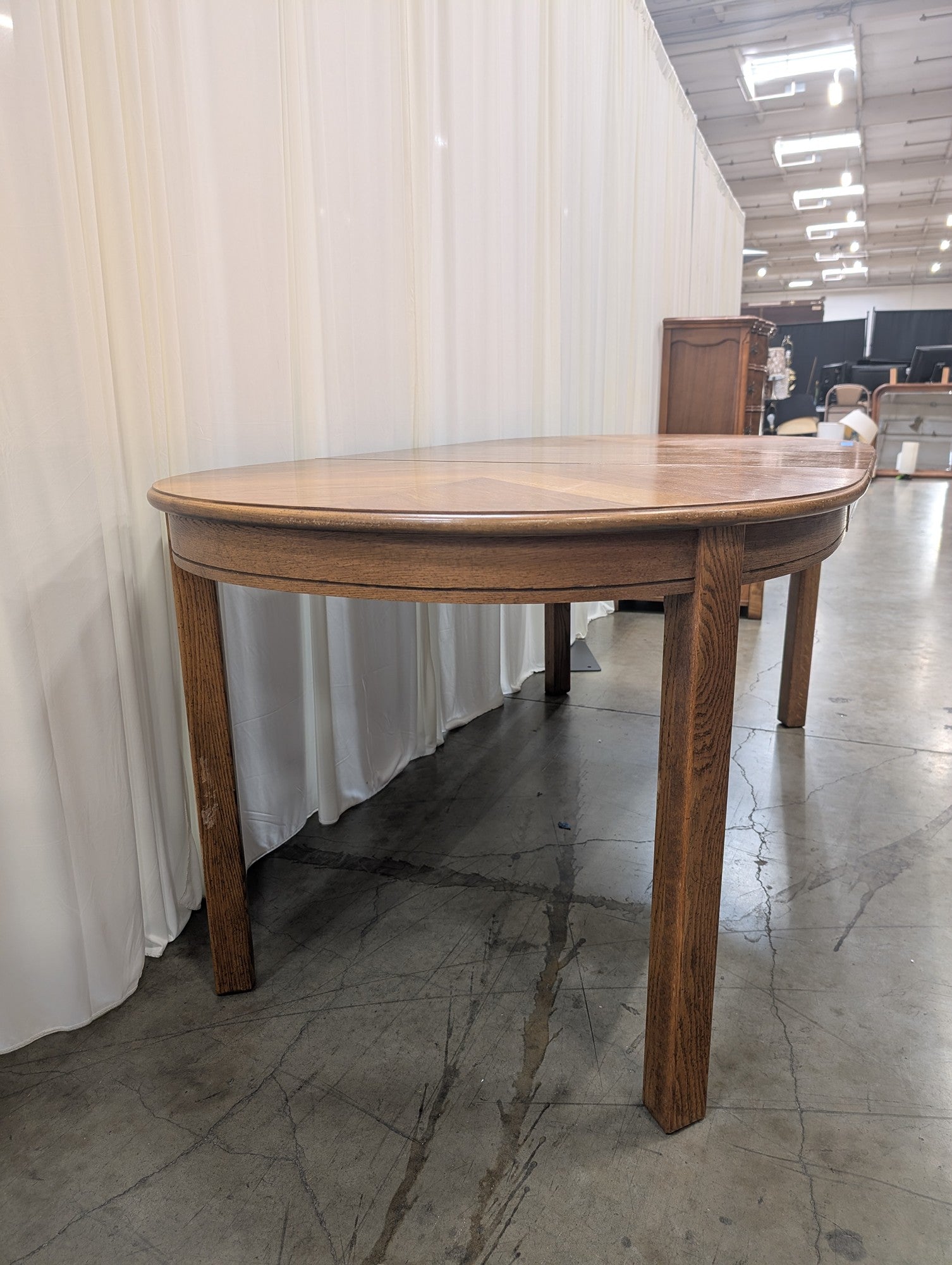 Vintage Sunburst Parquet Oak Oval Extending Dining Table with Leaf