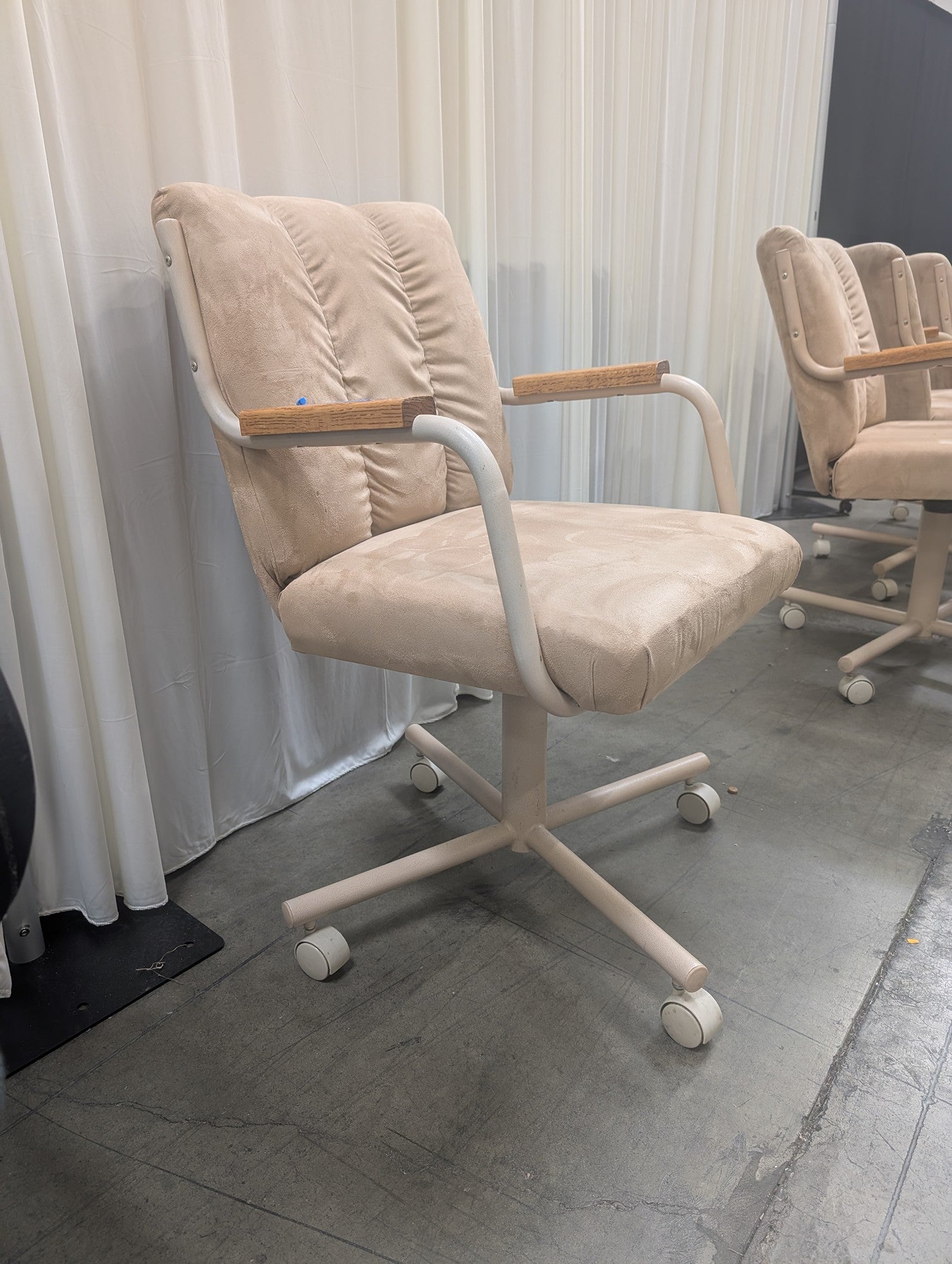 Beige Upholstered Retro Style Chair with Wood Armrests