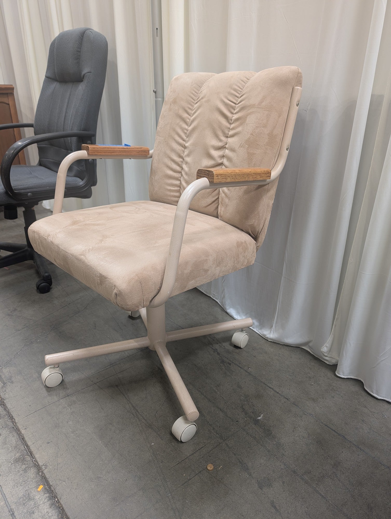 Beige Upholstered Retro Style Chair with Wood Armrests