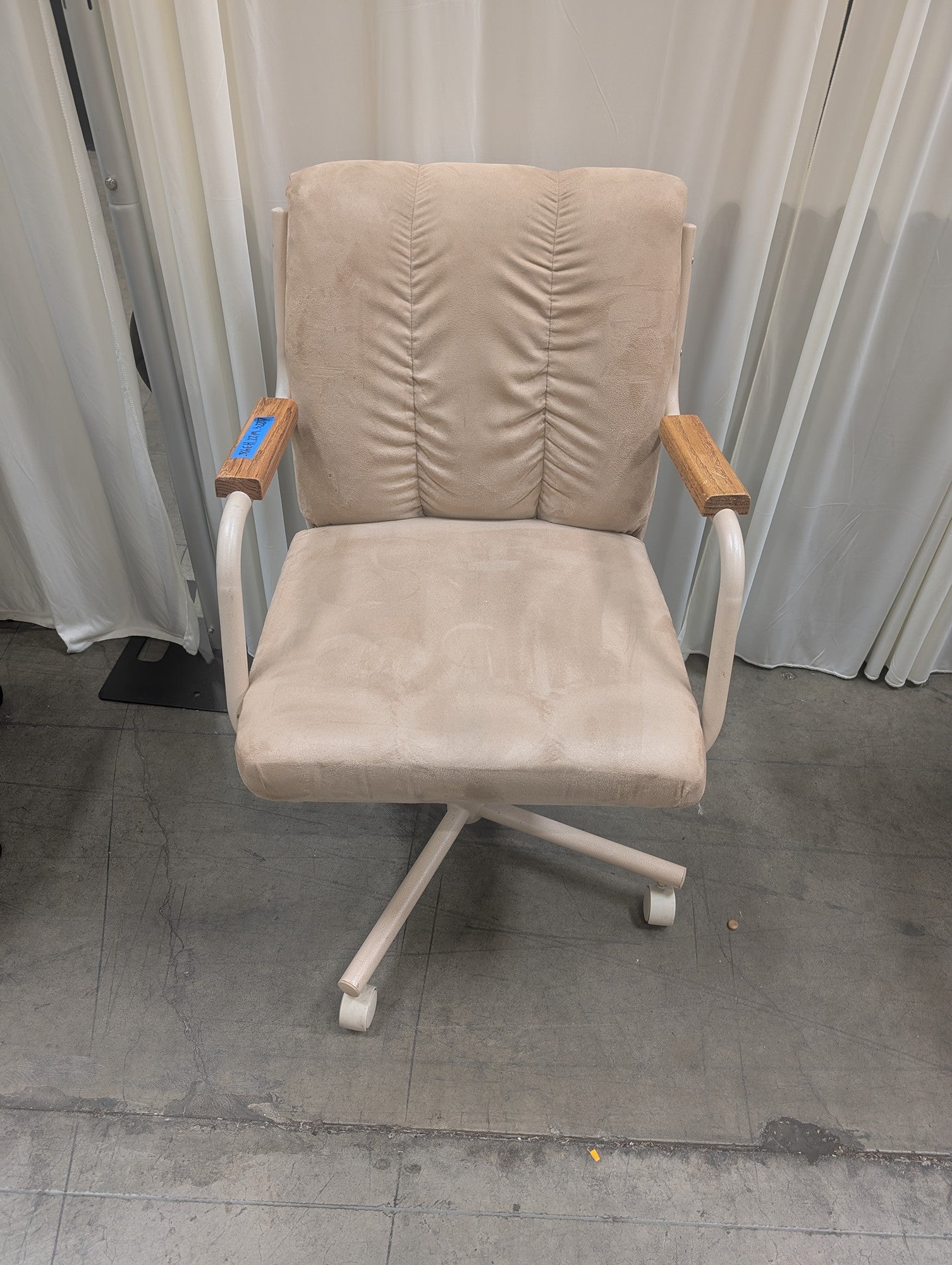 Beige Upholstered Retro Style Chair with Wood Armrests