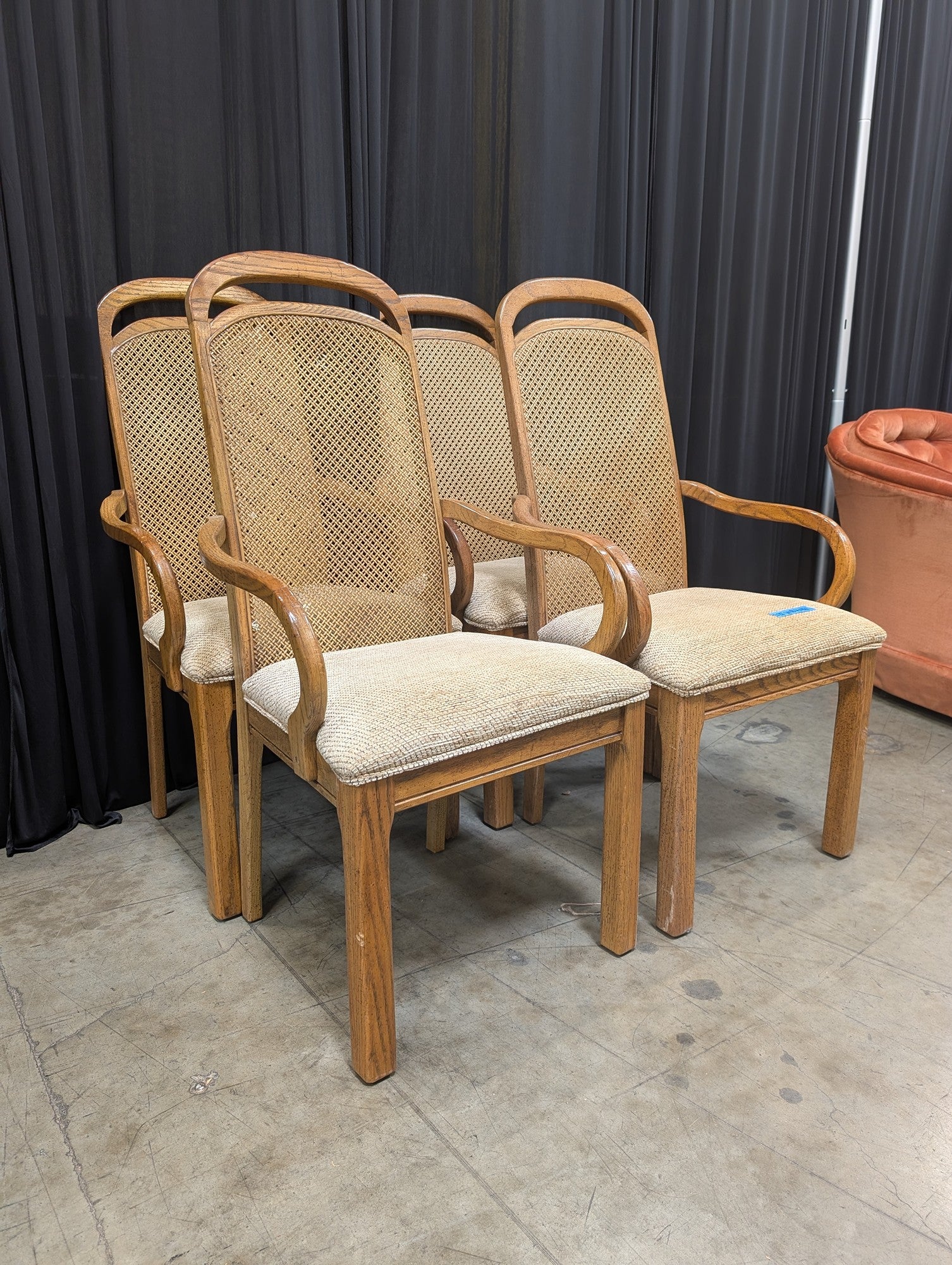 Set of Four Curved Wood Cane Back Dining Chairs with Upholstered Seats