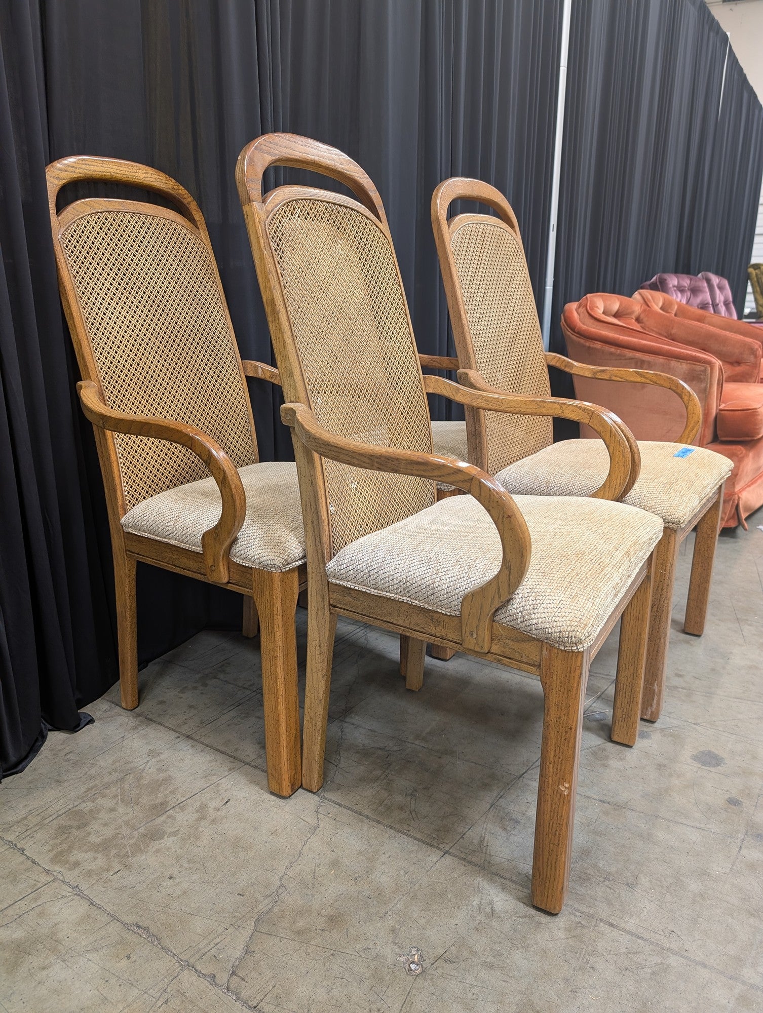 Set of Four Curved Wood Cane Back Dining Chairs with Upholstered Seats