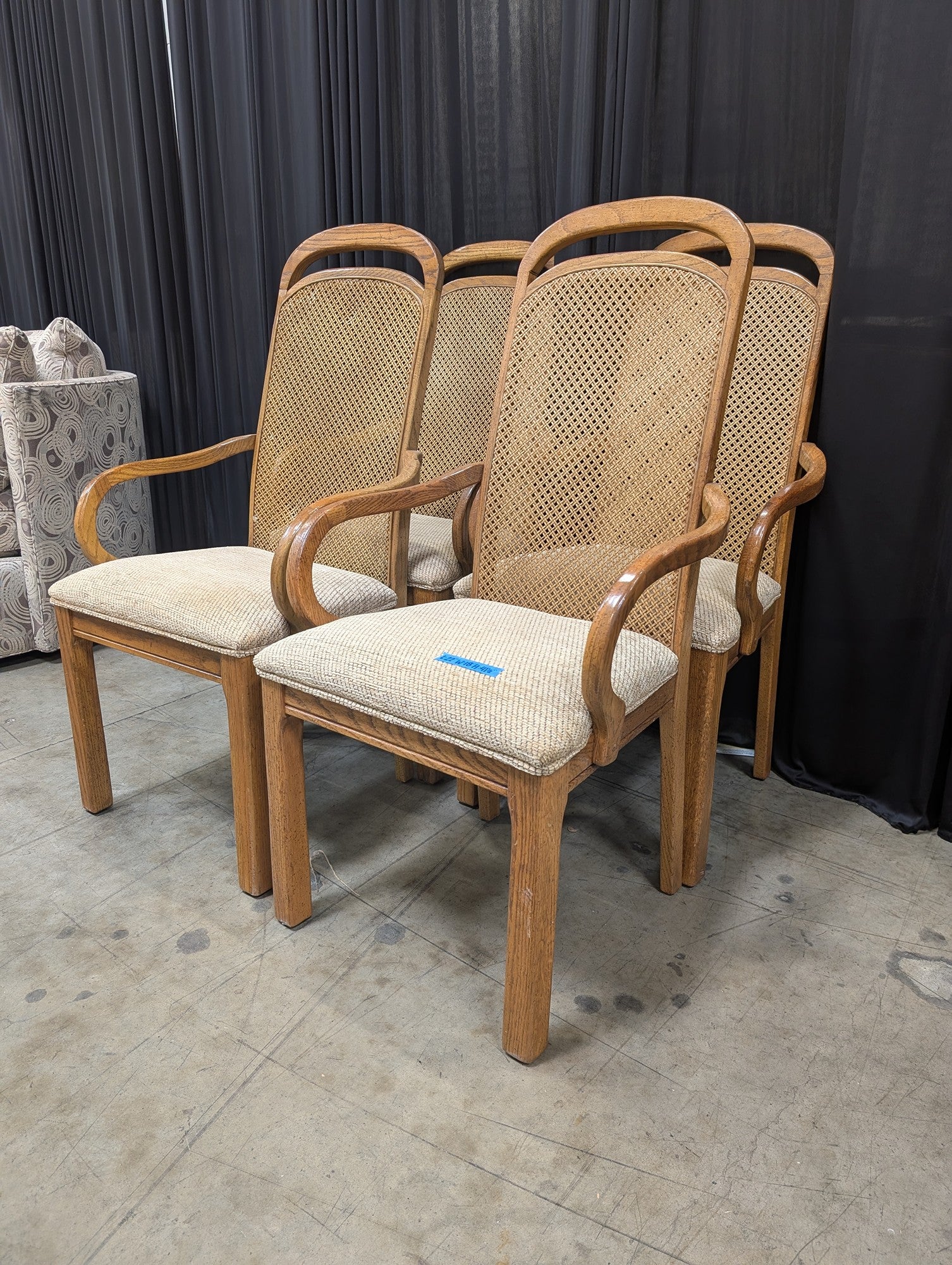 Set of Four Curved Wood Cane Back Dining Chairs with Upholstered Seats