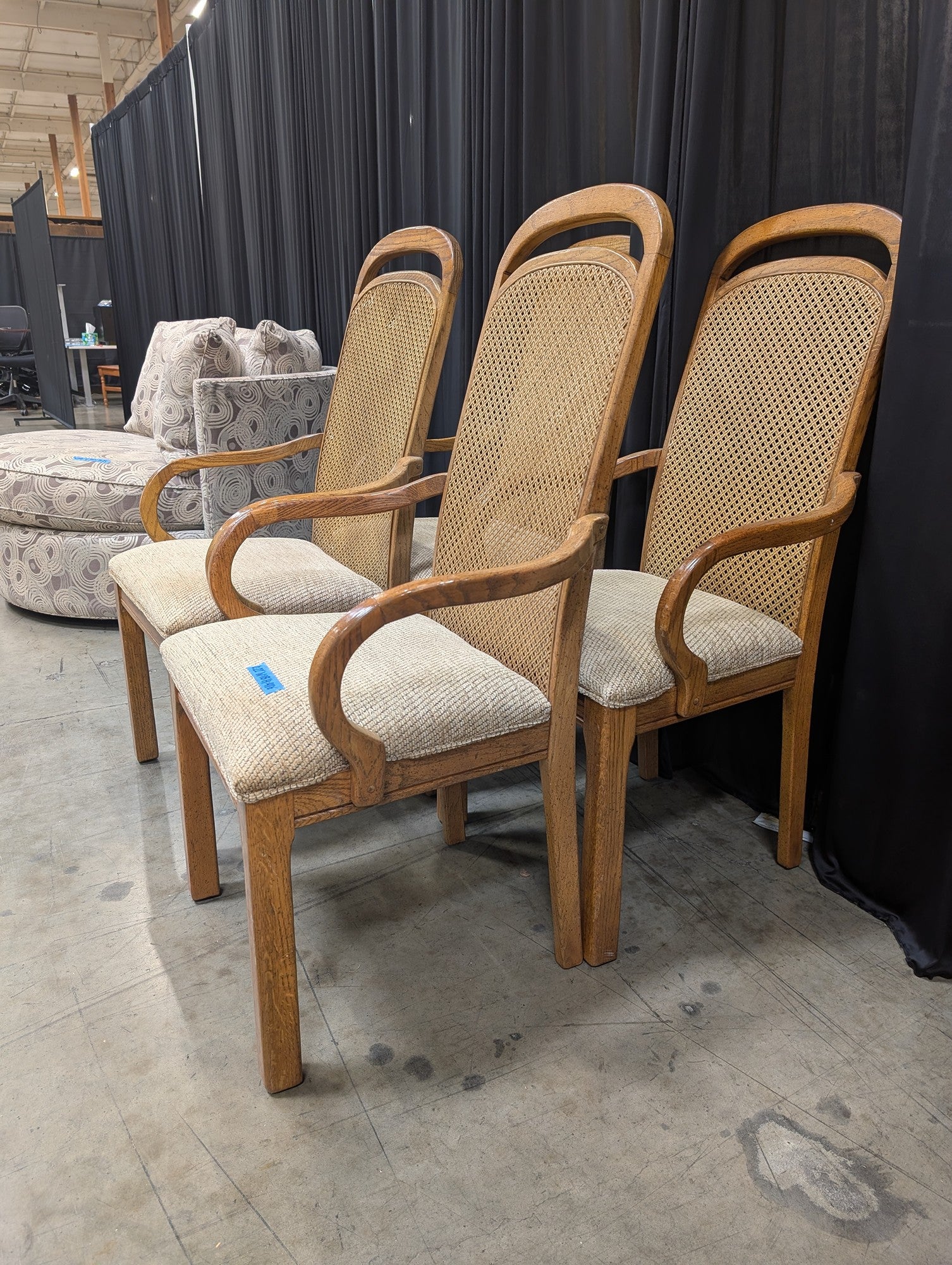 Set of Four Curved Wood Cane Back Dining Chairs with Upholstered Seats