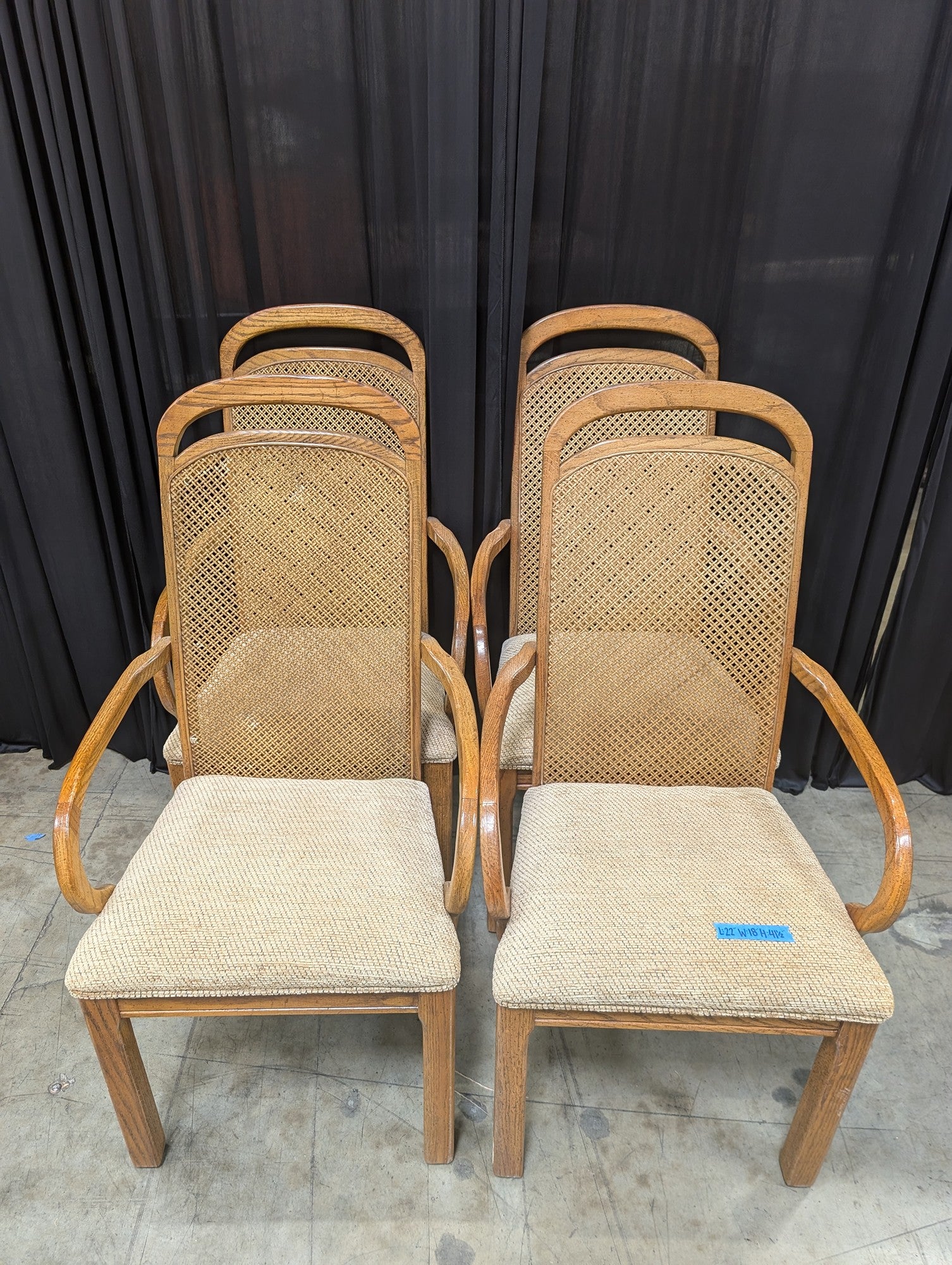 Set of Four Curved Wood Cane Back Dining Chairs with Upholstered Seats